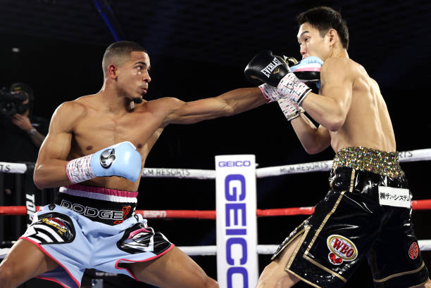 LAS VEGAS, NV - DECEMBER 12: Felix Verdejo and Masayoshi Nakatani exchange punches during their fight at the MGM Grand Conference Center on December 12, 2020 in Las Vegas, Nevada. (Photo by Mikey Williams/Top Rank Inc via Getty Images)