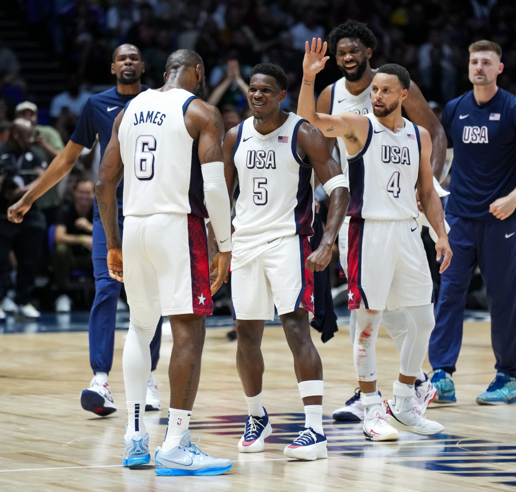 LONDON, ENGLAND - JULY 22: LeBron James #6 and Anthony Edwards #5 of Team USA celebrate during the game against Team Germany as part of the 2024 USA Basketball Showcase on July 22, 2024 in London, England at O2 Arena. NOTE TO USER: User expressly acknowledges and agrees that, by downloading and/or using this photograph, user is consenting to the terms and conditions of the Getty Images License Agreement. Mandatory Copyright Notice: Copyright 2024 NBAE (Photo by Ryan Stetz/NBAE via Getty Images)