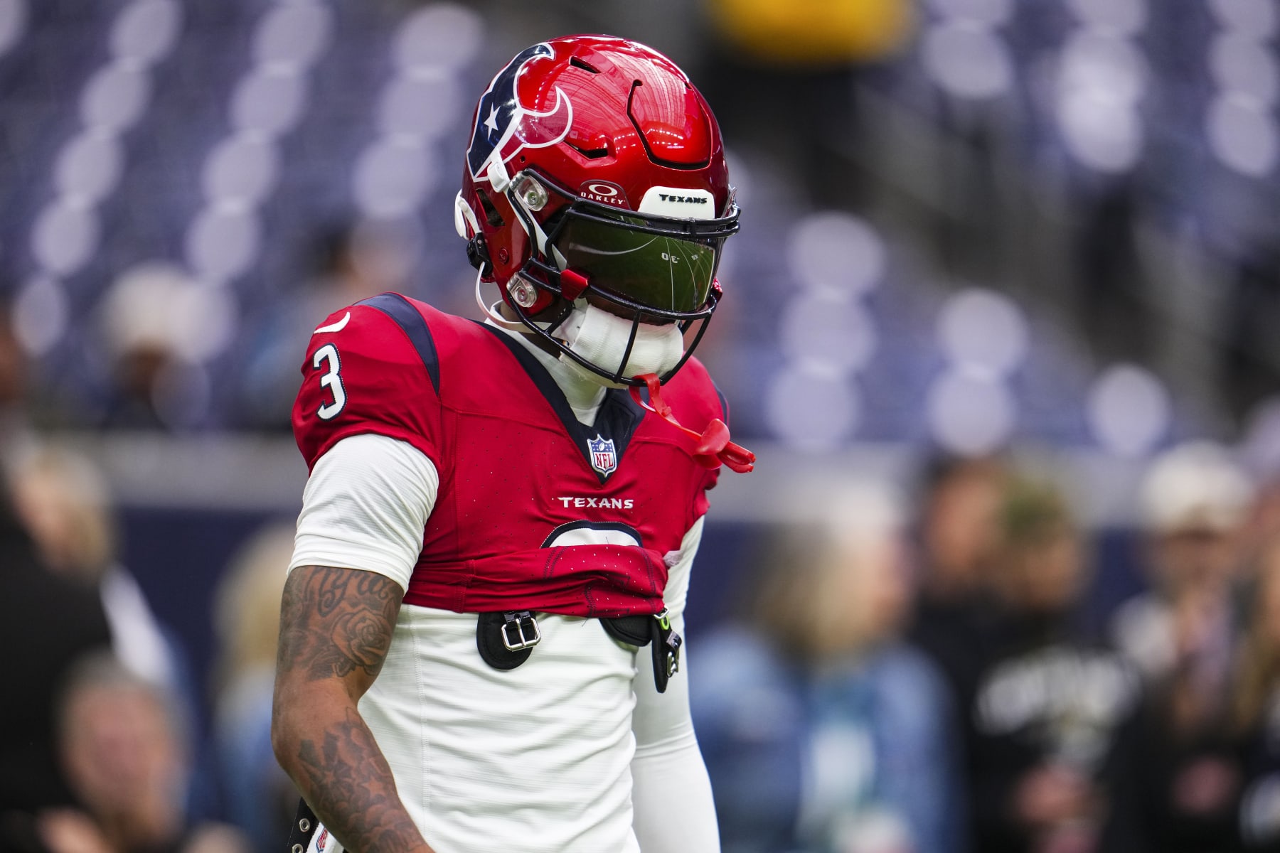 HOUSTON, TX - NOVEMBER 26: Tank Dell #3 of the Houston Texans warms up prior to an NFL football game against the Jacksonville Jaguars at NRG Stadium on November 26, 2023 in Houston, Texas. (Photo by Cooper Neill/Getty Images) HOUSTON, TX - NOVEMBER 26: Tank Dell #3 of the Houston Texans warms up prior to an NFL football game against the Jacksonville Jaguars at NRG Stadium on November 26, 2023 in Houston, Texas. (Photo by Cooper Neill/Getty Images)