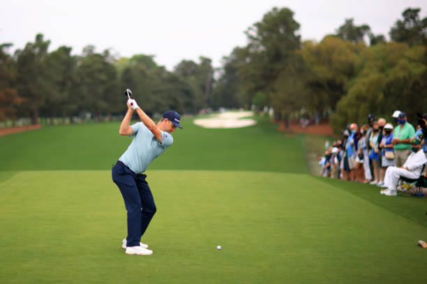 AUGUSTA, GEORGIA - APRIL 09: Justin Rose of England plays his shot from the first tee during the second round of the Masters at Augusta National Golf Club on April 09, 2021 in Augusta, Georgia. (Photo by Mike Ehrmann/Getty Images)