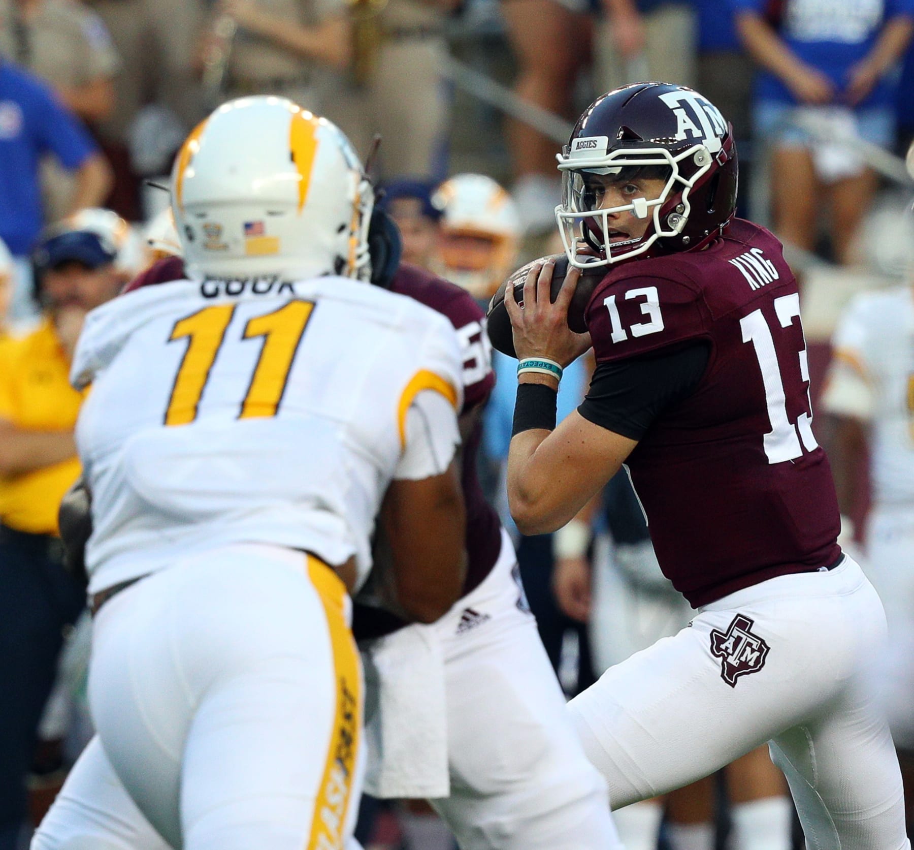 COLLEGE STATION, TEXAS - SEPTEMBER 04: Haynes King #13 of the Texas A&M Aggies steps back for a pass against the Kent State Golden Flashes at Kyle Field on September 04, 2021 in College Station, Texas. (Photo by Bob Levey/Getty Images)