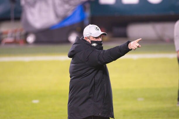 PHILADELPHIA, PA - JANUARY 03: Philadelphia Eagles head coach Doug Pederson points during the game between the Washington Football Team and the Philadelphia Eagles on January 3, 2021 at Lincoln Financial Field in Philadelphia, PA. (Photo by Andy Lewis/Icon Sportswire via Getty Images)
