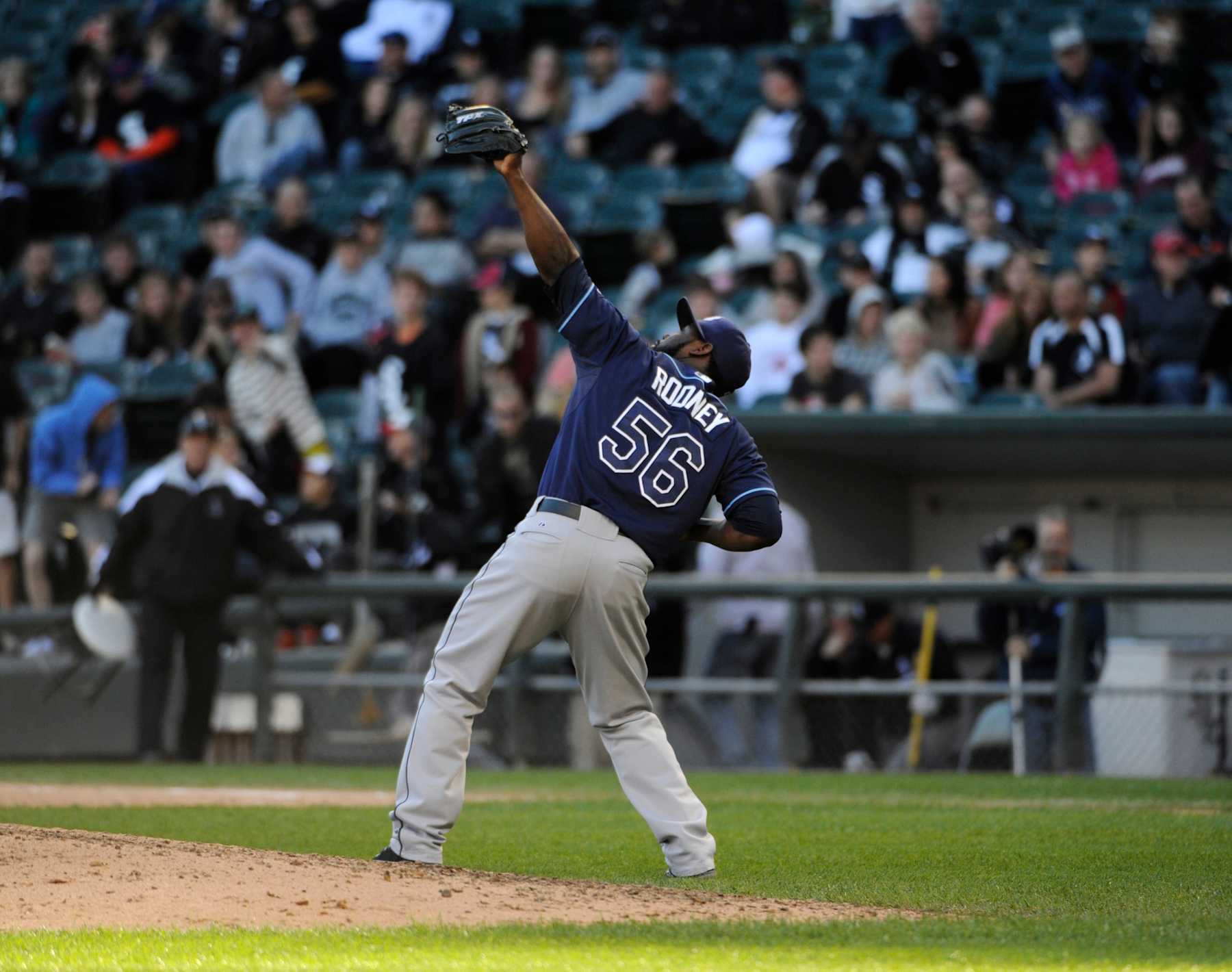 CHICAGO, IL - SEPTEMBER 30: Fernando Rodney #56 of the Tampa Bay Rays reacts after getting the last out in the ninth inning against the Chicago White Sox on September 30,  2012 at U.S. Cellular Field in Chicago, Illinois. The Tampa Bay Rays defeated the Chicago White Sox 6-2. (Photo by David Banks/Getty Images)