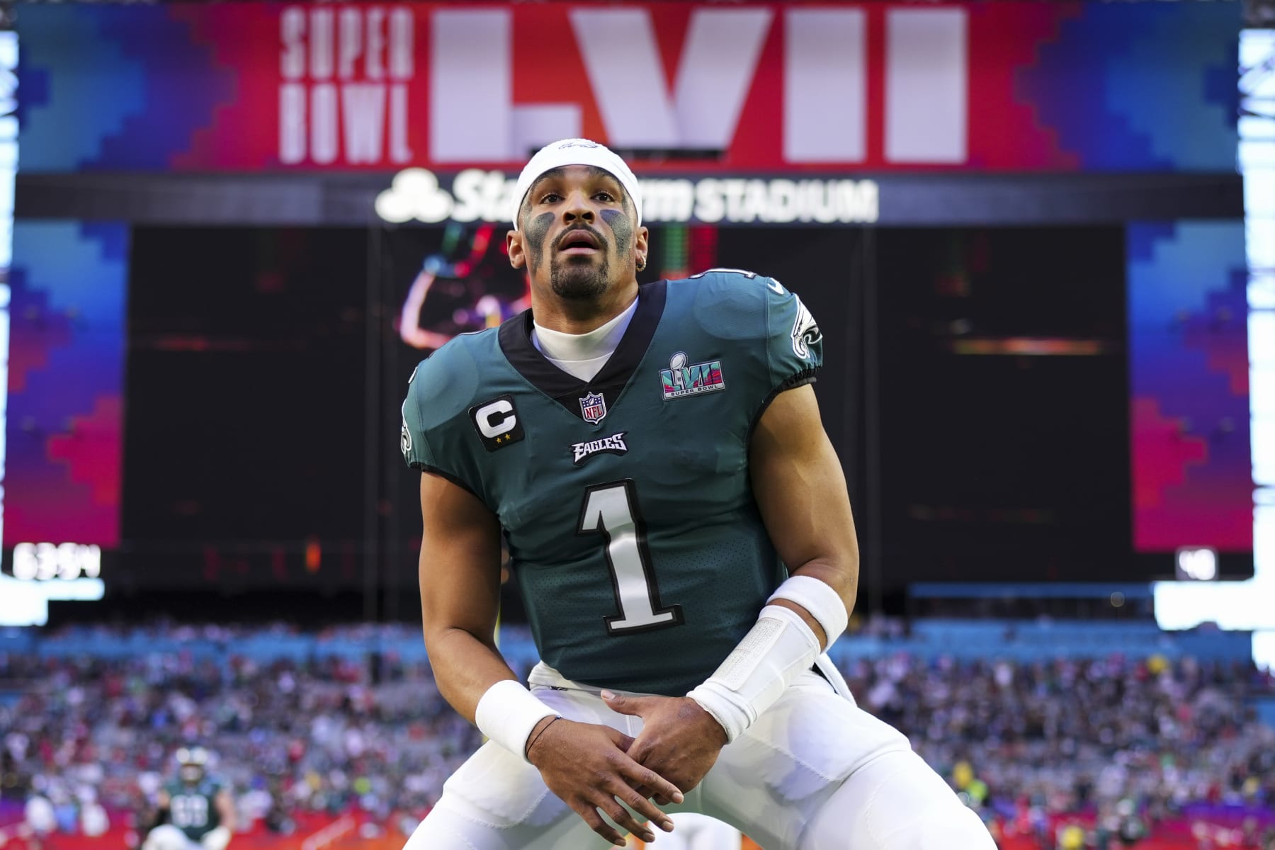 GLENDALE, AZ - FEBRUARY 12: Jalen Hurts #1 of the Philadelphia Eagles warms up against the Kansas City Chiefs after Super Bowl LVII at State Farm Stadium on February 12, 2023 in Glendale, Arizona. The Chiefs defeated the Eagles 38-35. (Photo by Cooper Neill/Getty Images)