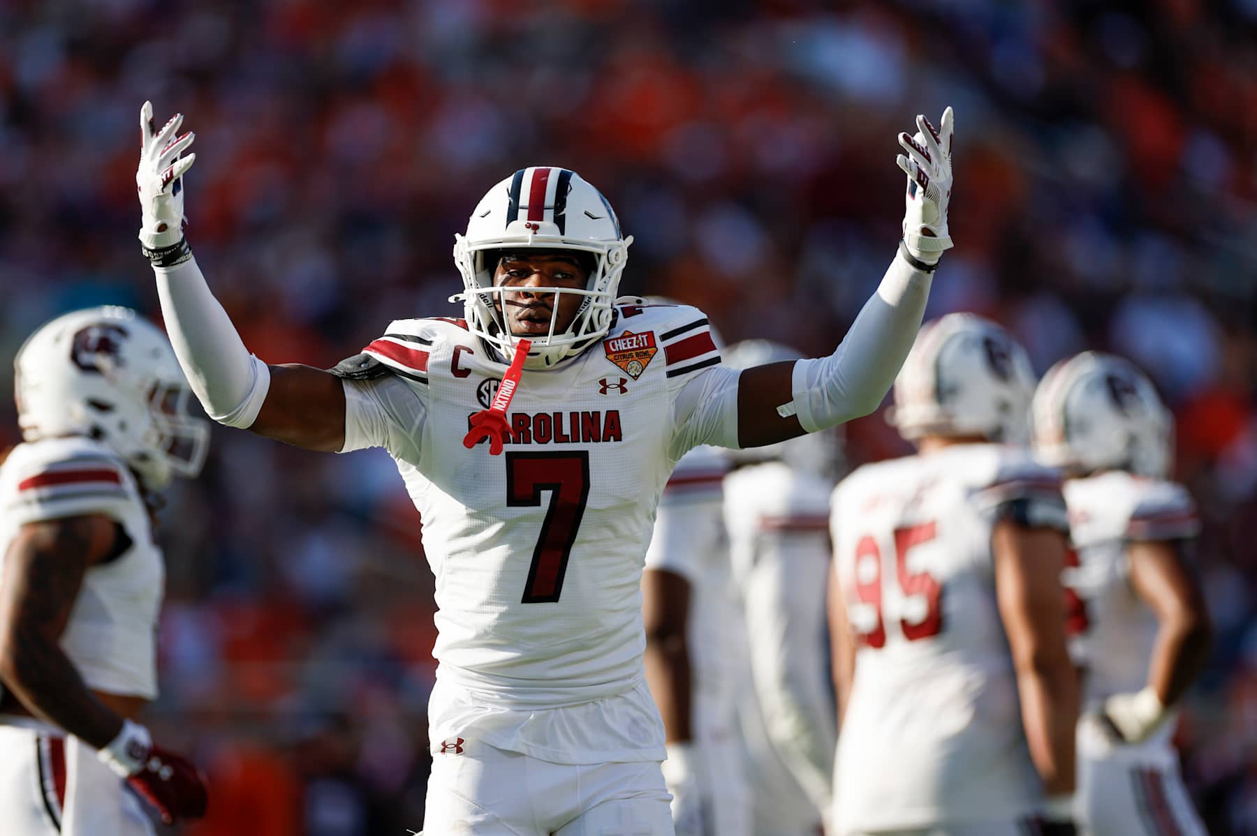 ORLANDO, FL - DECEMBER 31: South Carolina Gamecocks defensive back Nick Emmanwori (7) reacts after a play between the South Carolina Gamecocks and the Illinois Fighting Illini on December 31, 2024 at Camping World Stadium in Orlando, Fl. (Photo by David Rosenblum/Icon Sportswire via Getty Images)