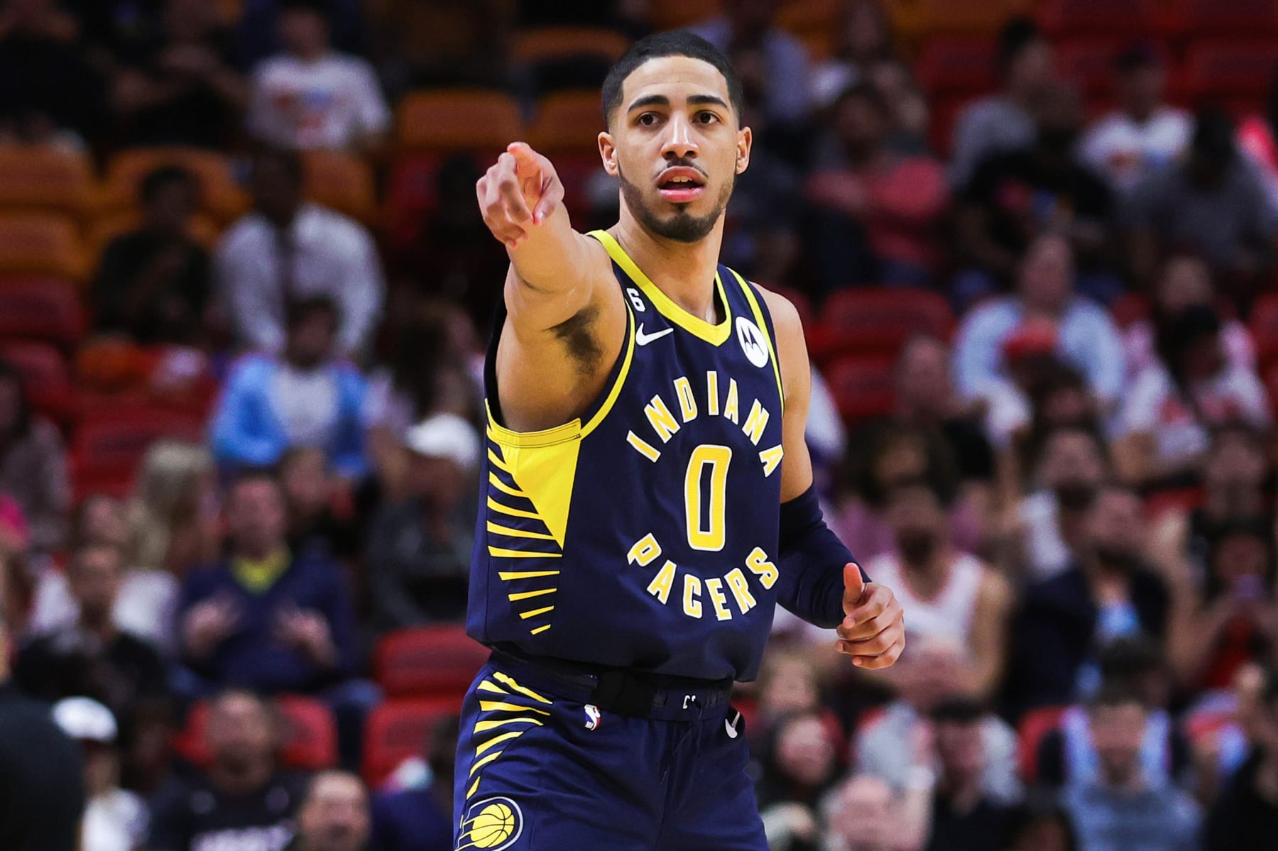 MIAMI, FLORIDA - FEBRUARY 08: Tyrese Haliburton #0 of the Indiana Pacers reacts after a basket against the Miami Heat during the first quarter at Miami-Dade Arena on February 08, 2023 in Miami, Florida. NOTE TO USER: User expressly acknowledges and agrees that, by downloading and or using this photograph, User is consenting to the terms and conditions of the Getty Images License Agreement. (Photo by Megan Briggs/Getty Images)