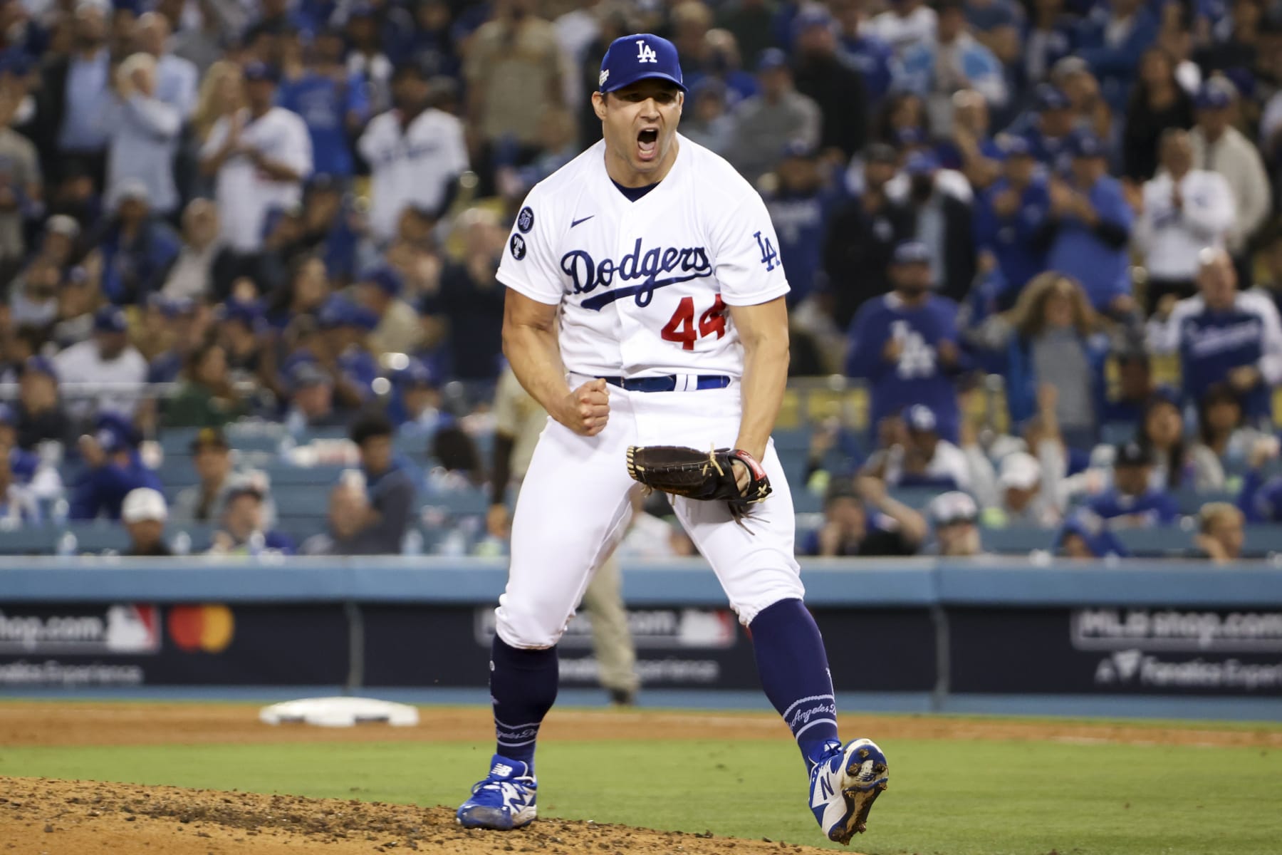 Los Angeles, CA - October 12:  Los Angeles Dodgers relief pitcher Tommy Kahnle reacts after striking out San Diego Padres Brandon Drury during the ninth inning in game two of the NLDS against the San Diego Padres at Dodger Stadium on Wednesday, Oct. 12, 2022 in Los Angeles, CA.(Robert Gauthier / Los Angeles Times via Getty Images)