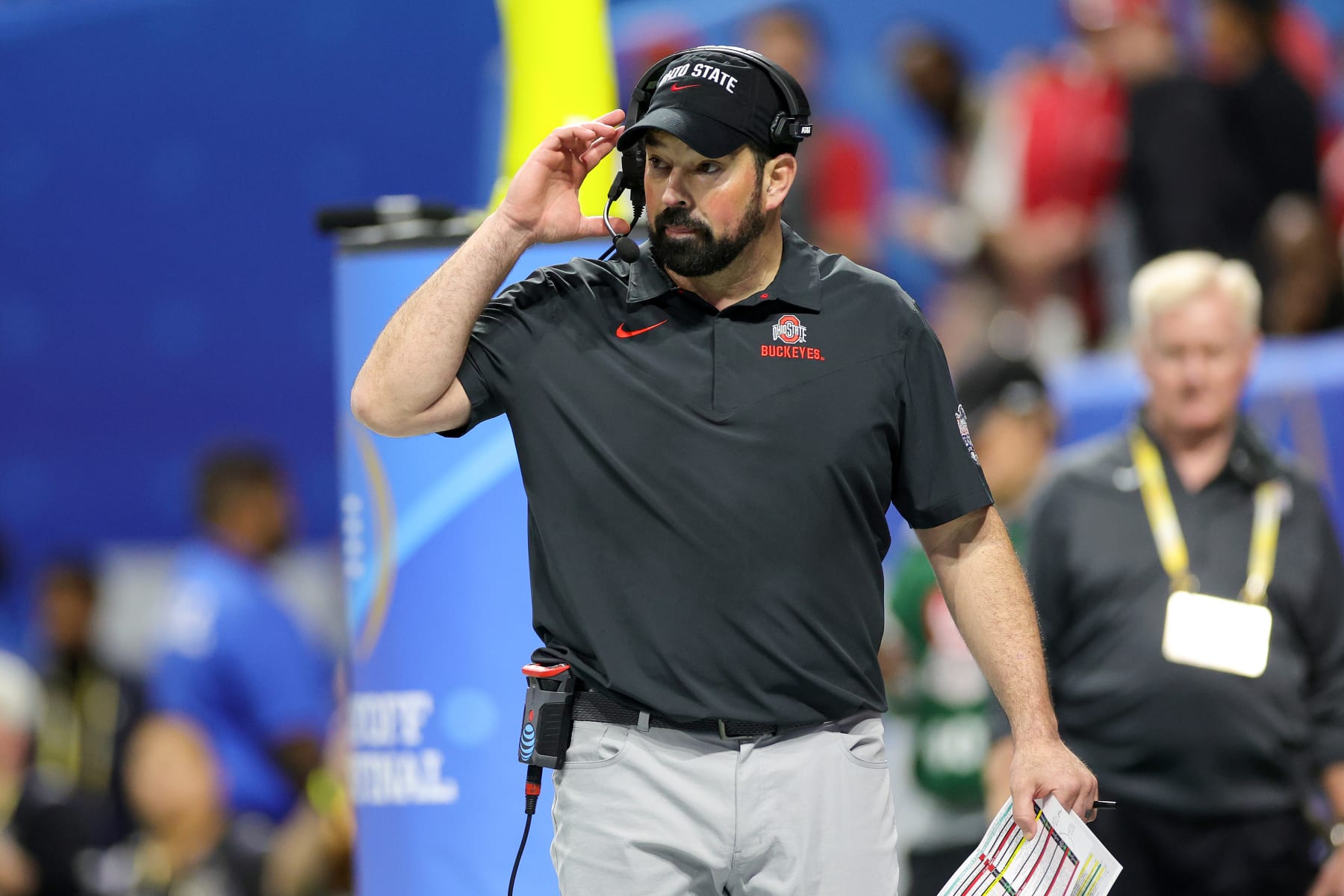 ATLANTA, GEORGIA - DECEMBER 31: Head coach Ryan Day of the Ohio State Buckeyes is seen during the third quarter against the Georgia Bulldogs in the Chick-fil-A Peach Bowl at Mercedes-Benz Stadium on December 31, 2022 in Atlanta, Georgia. (Photo by Carmen Mandato/Getty Images)
