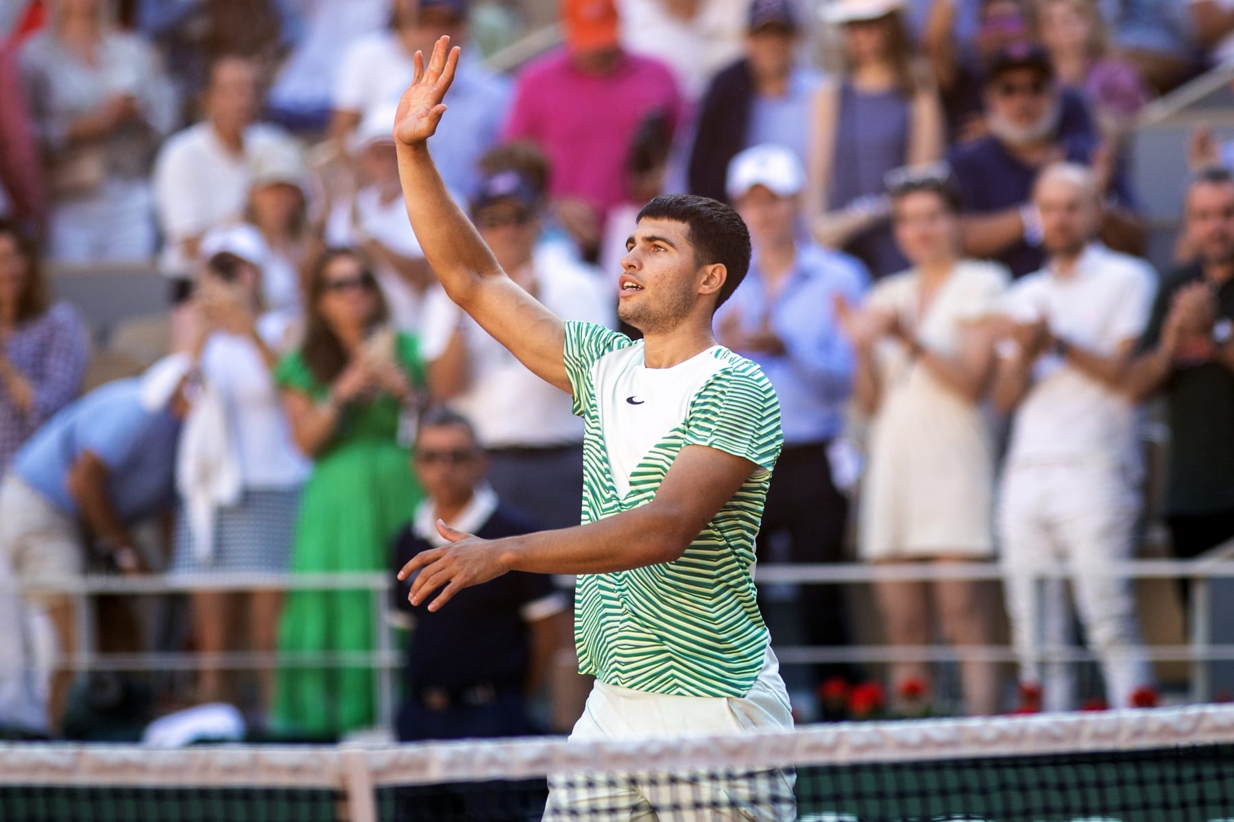 PARIS, FRANCE - MAY 31. Carlos Alcaraz of Spain celebrates his victory against Taro Daniel of Japan in the second round of the singles competition on Court Philippe Chatrier during the 2023 French Open Tennis Tournament at Roland Garros on May 31, 2023, in Paris, France. (Photo by Tim Clayton/Corbis via Getty Images)