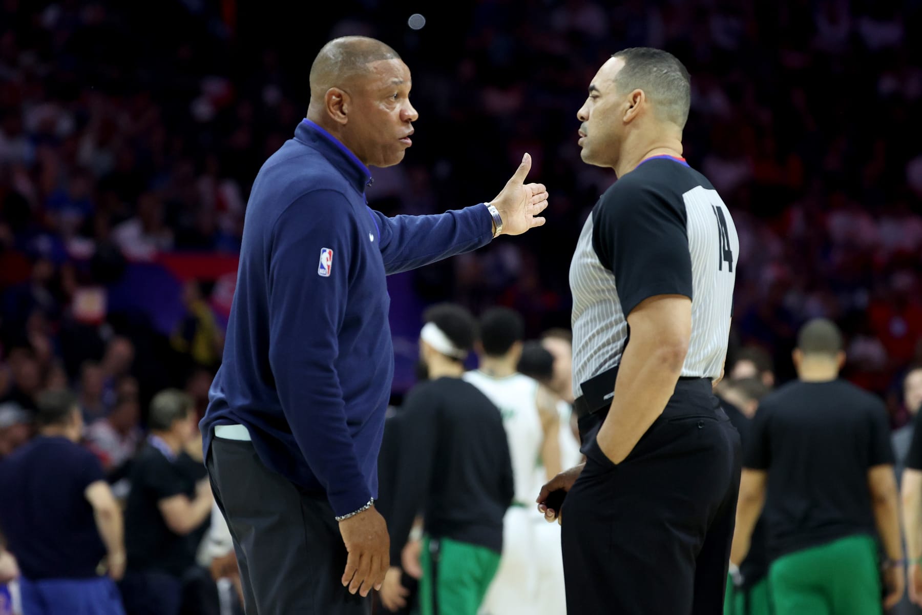 PHILADELPHIA, PENNSYLVANIA - MAY 11: Head Coach Doc Rivers of the Philadelphia 76ers argues with referee Curtis Blair #74 after a play against the Boston Celtics during the first quarter in game six of the Eastern Conference Semifinals in the 2023 NBA Playoffs at Wells Fargo Center on May 11, 2023 in Philadelphia, Pennsylvania. NOTE TO USER: User expressly acknowledges and agrees that, by downloading and or using this photograph, User is consenting to the terms and conditions of the Getty Images License Agreement. (Photo by Tim Nwachukwu/Getty Images)