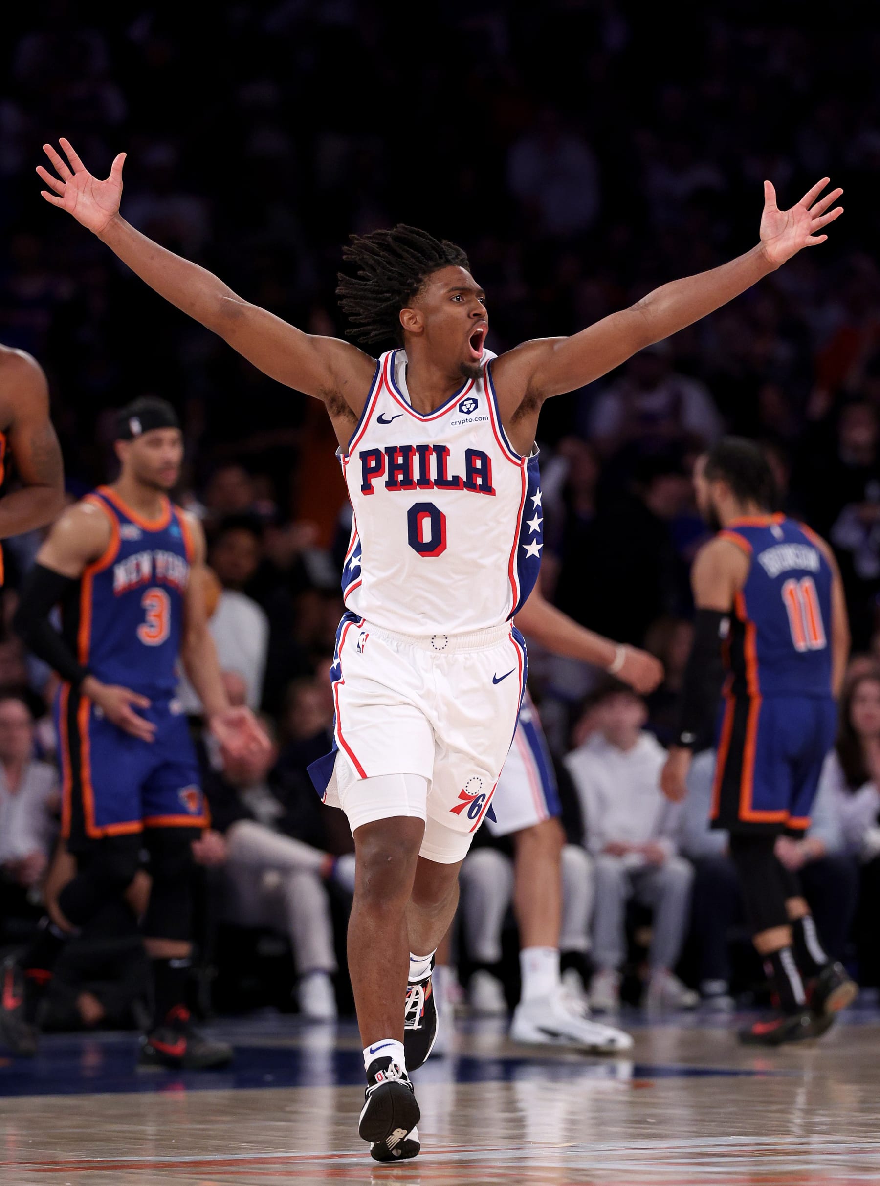 NEW YORK, NEW YORK - APRIL 30: Tyrese Maxey #0 of the Philadelphia 76ers reacts in the fourth quarter against the New York Knicks  at Madison Square Garden on April 30, 2024 in New York City. The Philadelphia 76ers defeated the New York Knicks 112-106 in overtime. NOTE TO USER: User expressly acknowledges and agrees that, by downloading and or using this photograph, User is consenting to the terms and conditions of the Getty Images License Agreement. (Photo by Elsa/Getty Images)