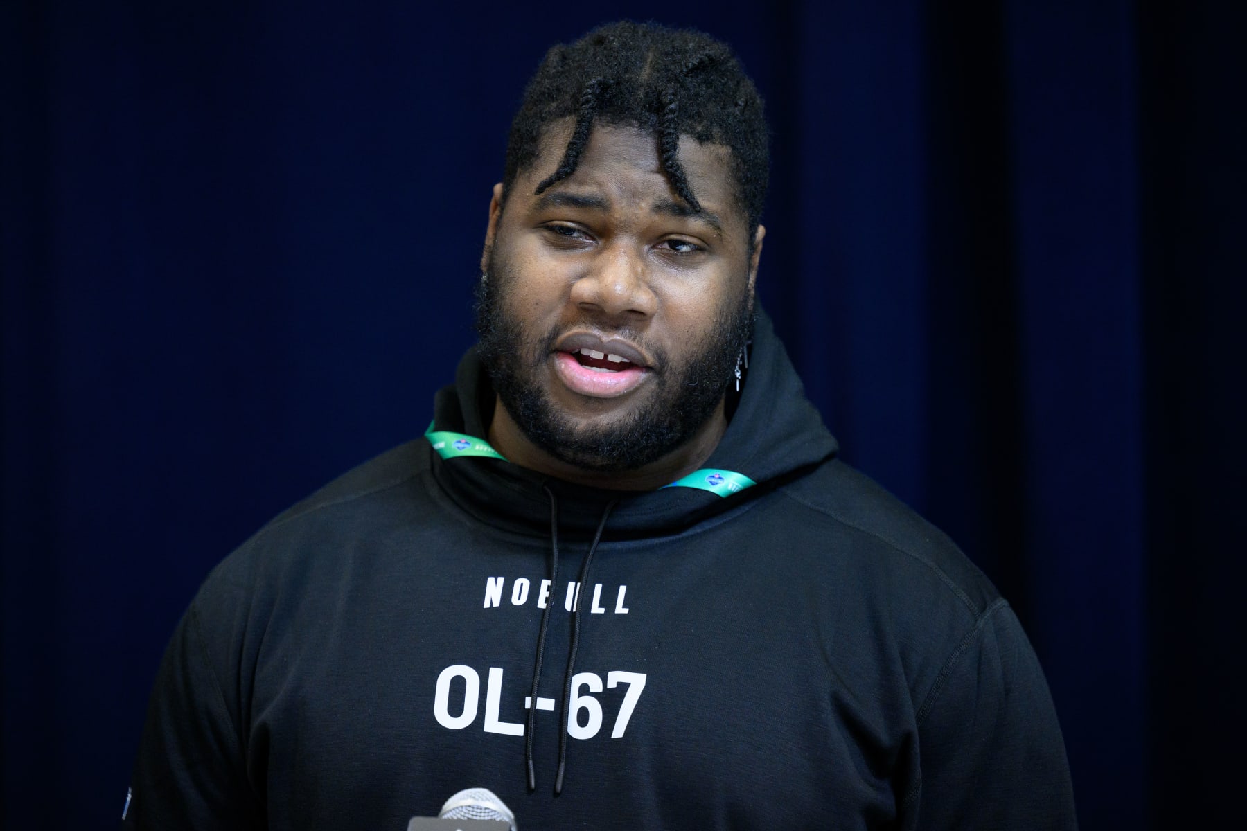 INDIANAPOLIS, IN - MARCH 02: Louisiana-Lafayette offensive lineman Nathan Thomas answers questions from the media during the NFL Scouting Combine on March 2, 2024, at the Indiana Convention Center in Indianapolis, IN. (Photo by Zach Bolinger/Icon Sportswire via Getty Images)