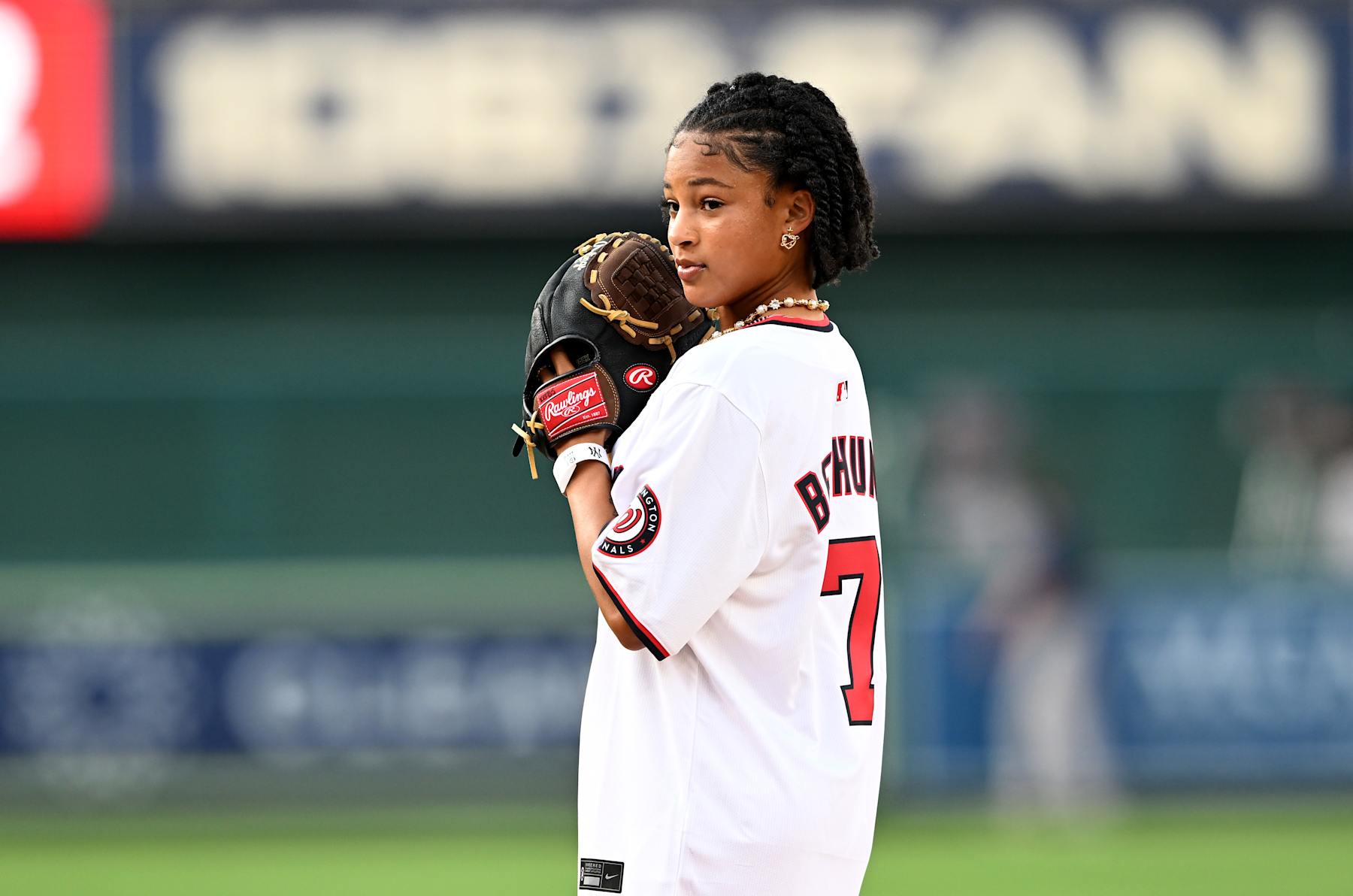 WASHINGTON, DC - AUGUST 28: United States Olympian Croix Bethune throws out the first pitch before the game between the Washington Nationals and the New York Yankees at Nationals Park on August 28, 2024 in Washington, DC. (Photo by G Fiume/Getty Images)