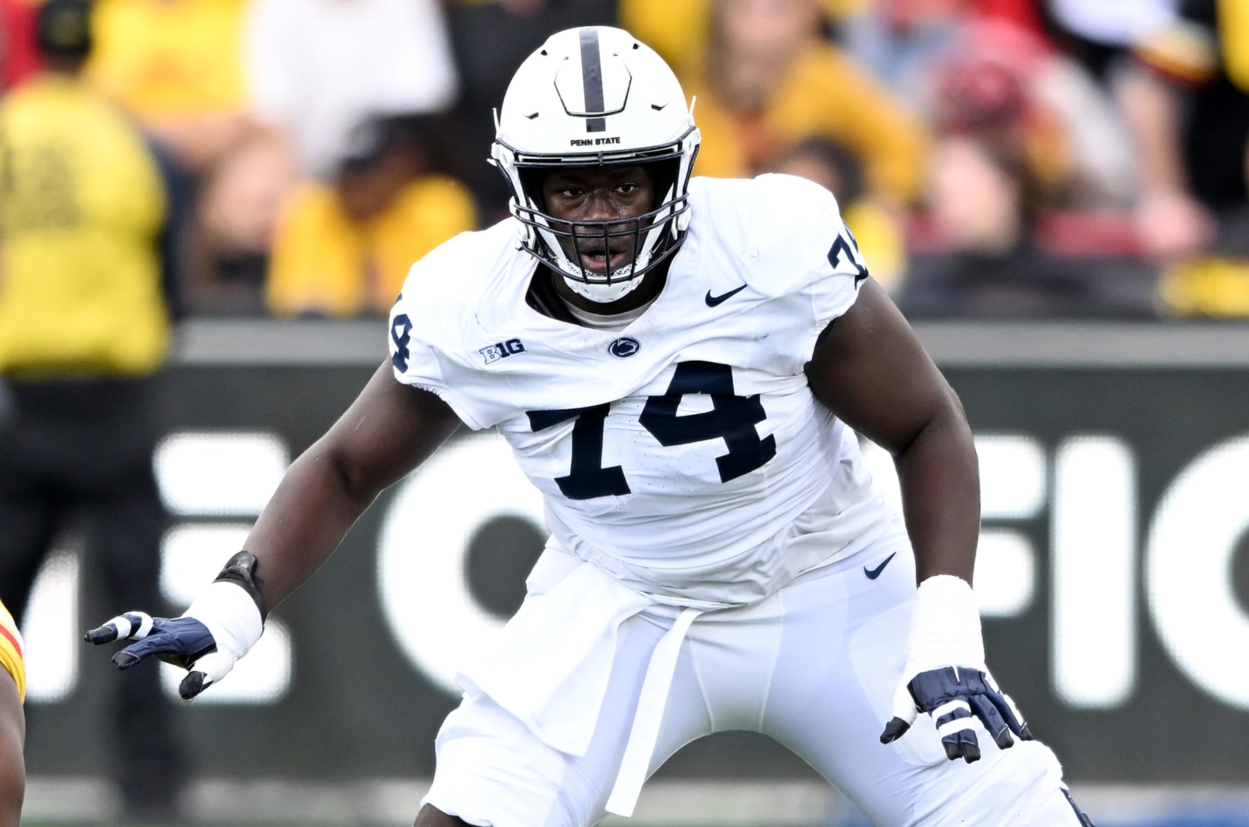 COLLEGE PARK, MARYLAND - NOVEMBER 04: Olumuyiwa Fashanu #74 of the Penn State Nittany Lions blocks against the Maryland Terrapins at SECU Stadium on November 04, 2023 in College Park, Maryland. (Photo by G Fiume/Getty Images)