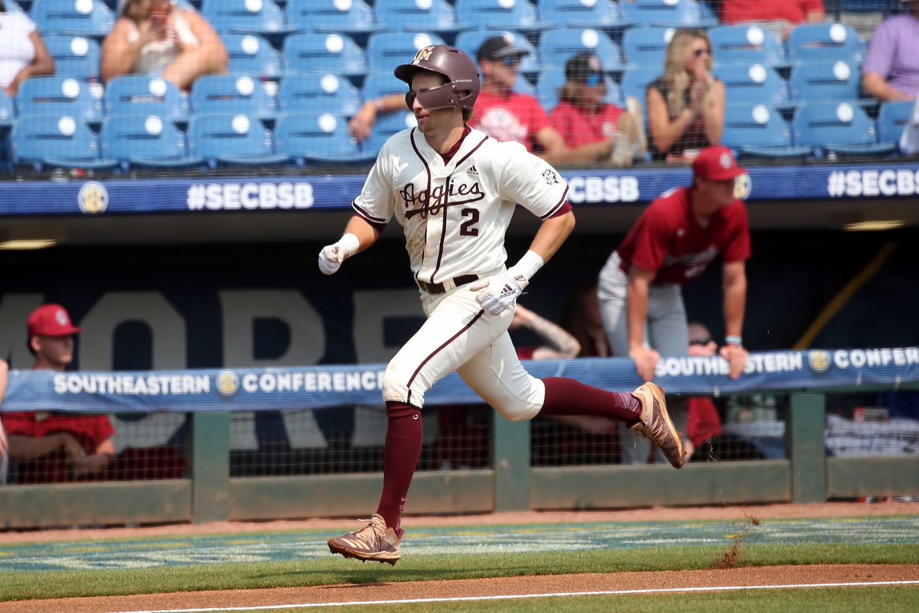 HOOVER, AL - MAY 25: Texas A&M Aggies infielder Hunter Haas (2) during the 2023 SEC Baseball Tournament game between the Texas A&M Aggies and the South Carolina Gamecocks on May 25, 2023 at Hoover Metropolitan Stadium in Hoover, Alabama.  (Photo by Michael Wade/Icon Sportswire via Getty Images)