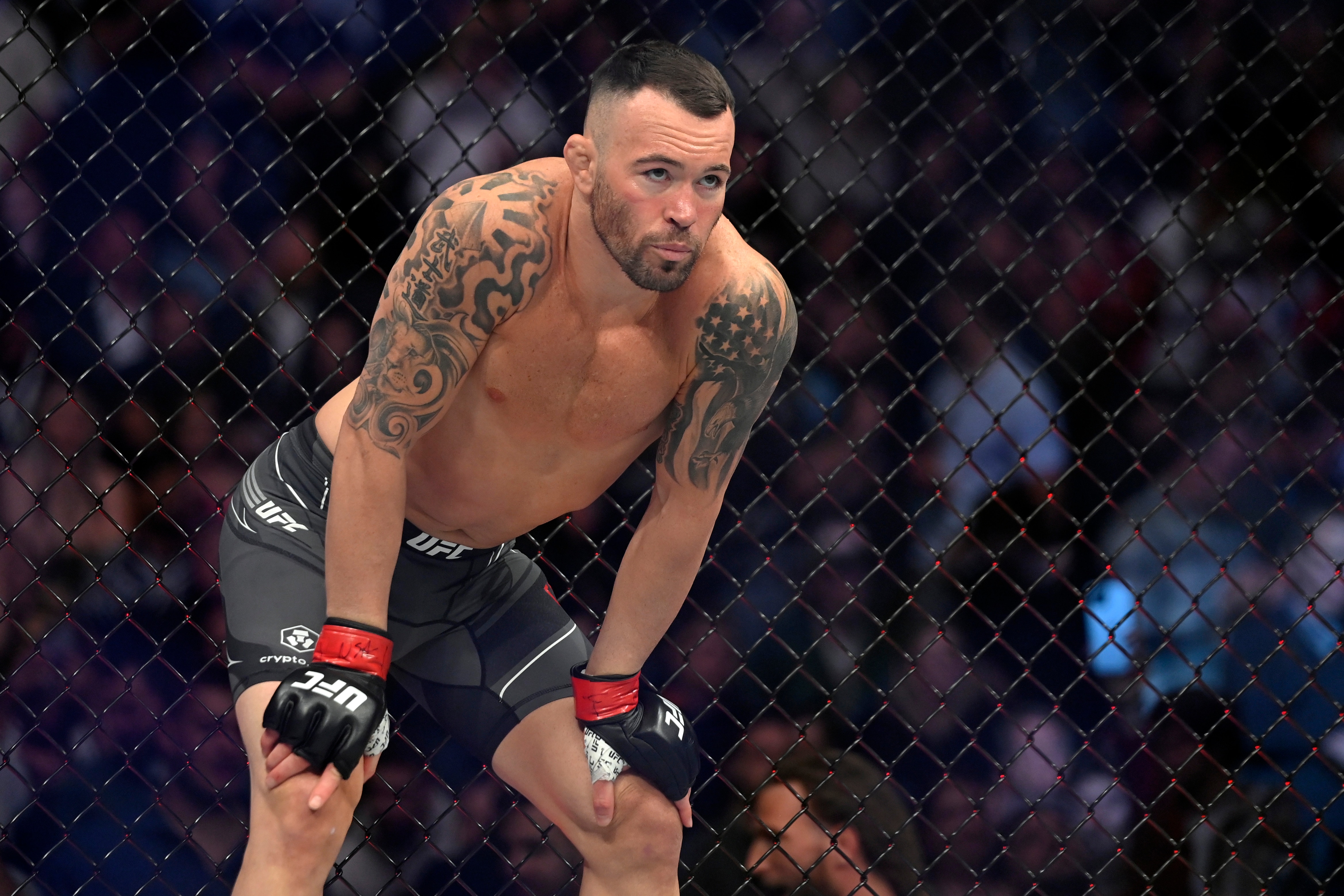 LAS VEGAS, NEVADA - MARCH 05: Colby Covington looks on before his welterweight fight against Jorge Masvidal during UFC 272 at T-Mobile Arena on March 05, 2022 in Las Vegas, Nevada. (Photo by David Becker/Getty Images)