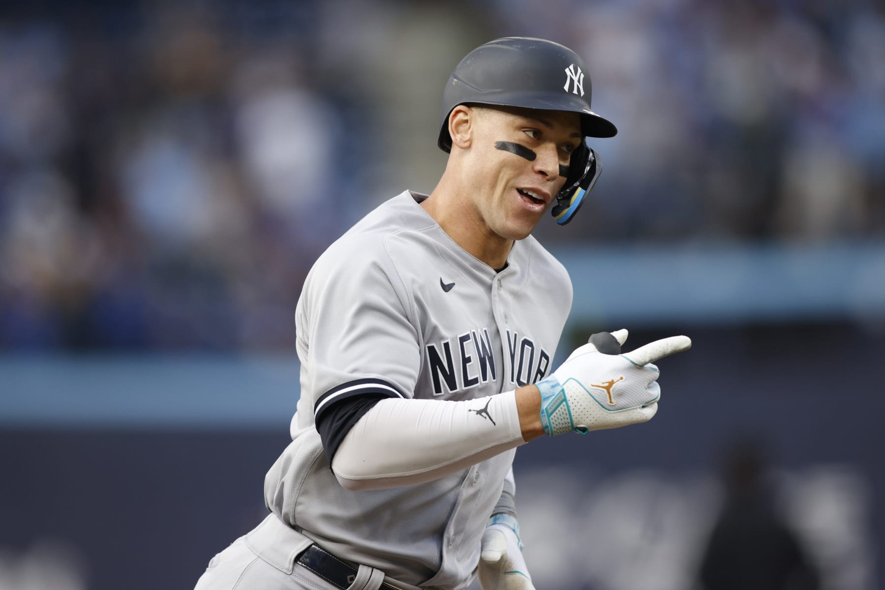 TORONTO, ON - MAY 15: Aaron Judge #99 of the New York Yankees runs out a home run in the first inning of their MLB game against the Toronto Blue Jays at Rogers Centre on May 15, 2023 in Toronto, Canada. (Photo by Cole Burston/Getty Images)
