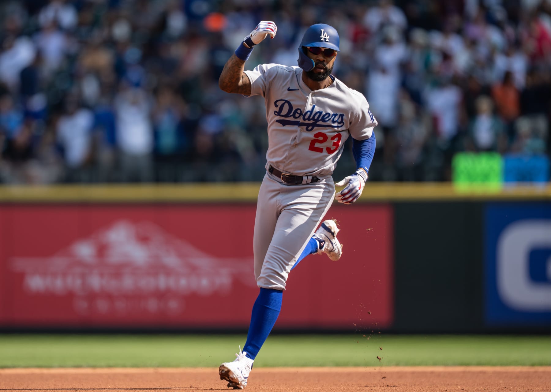 SEATTLE, WA - SEPTEMBER 17: Jason Heyward #23 of the Los Angeles Dodgers celebrates whiel rouding the bases after hitting a home run during a game against the Seattle Mariners at T-Mobile Park on September 17, 2023 in Seattle, Washington. The Dodgers won 6-1. (Photo by Stephen Brashear/Getty Images)