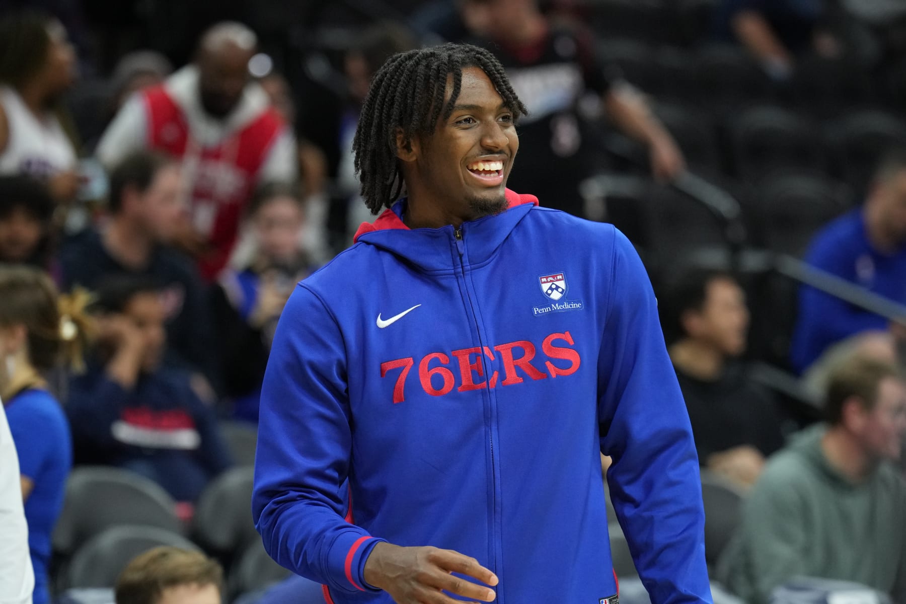 PHILADELPHIA, PA - OCTOBER 12: Tyrese Maxey #0 of the Philadelphia 76ers looks on before a preseason game against the Charlotte Hornets on October 12, 2022 at the Wells Fargo Center in Philadelphia, Pennsylvania NOTE TO USER: User expressly acknowledges and agrees that, by downloading and/or using this Photograph, user is consenting to the terms and conditions of the Getty Images License Agreement. Mandatory Copyright Notice: Copyright 2022 NBAE (Photo by Jesse D. Garrabrant/NBAE via Getty Images)