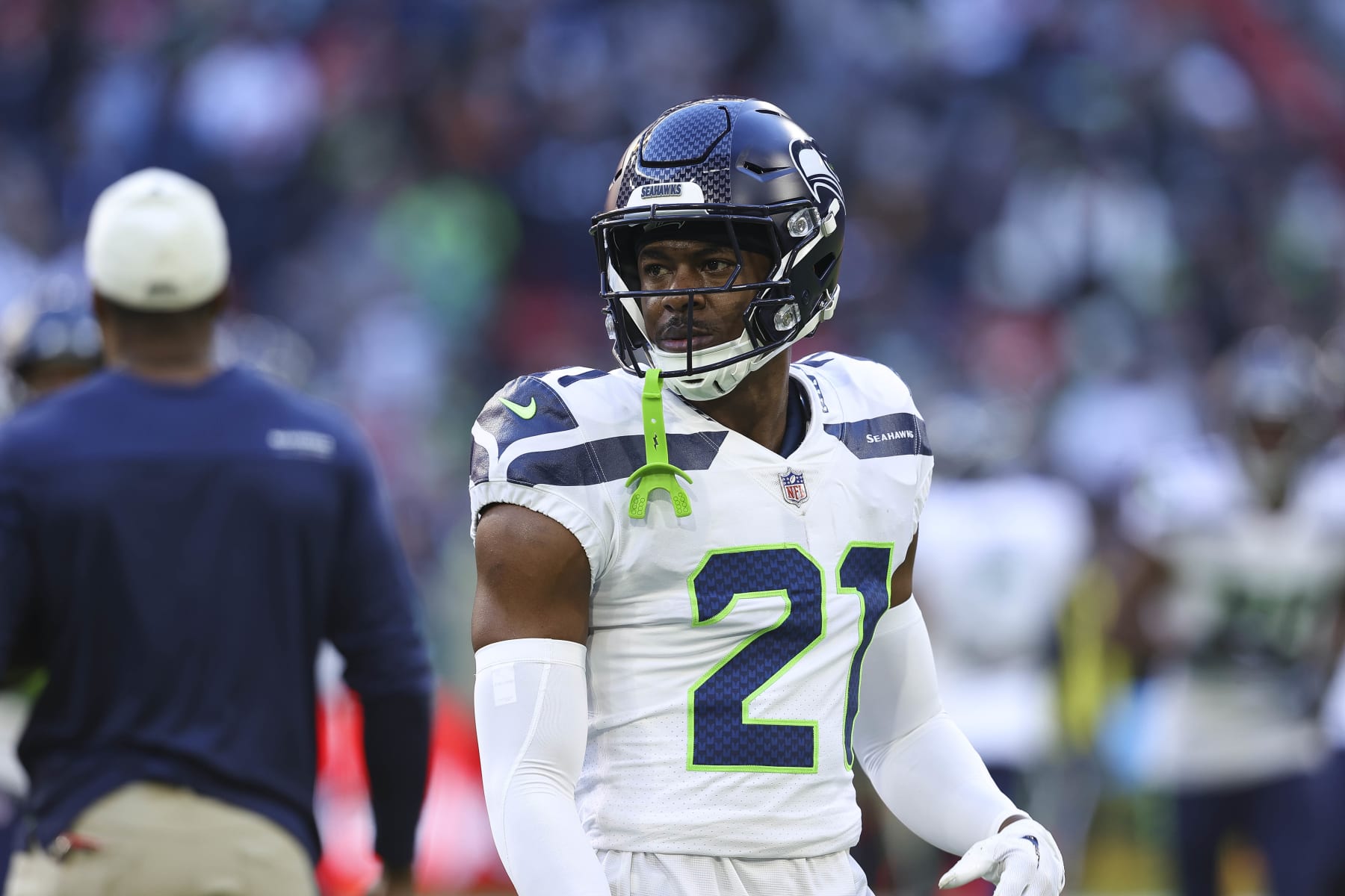 MUNICH, GERMANY - NOVEMBER 13: Artie Burns of Seattle Seahawks looks on prior to the NFL match between Seattle Seahawks and Tampa Bay Buccaneers at Allianz Arena on November 13, 2022 in Munich, Germany. (Photo by Roland Krivec/DeFodi Images via Getty Images)
