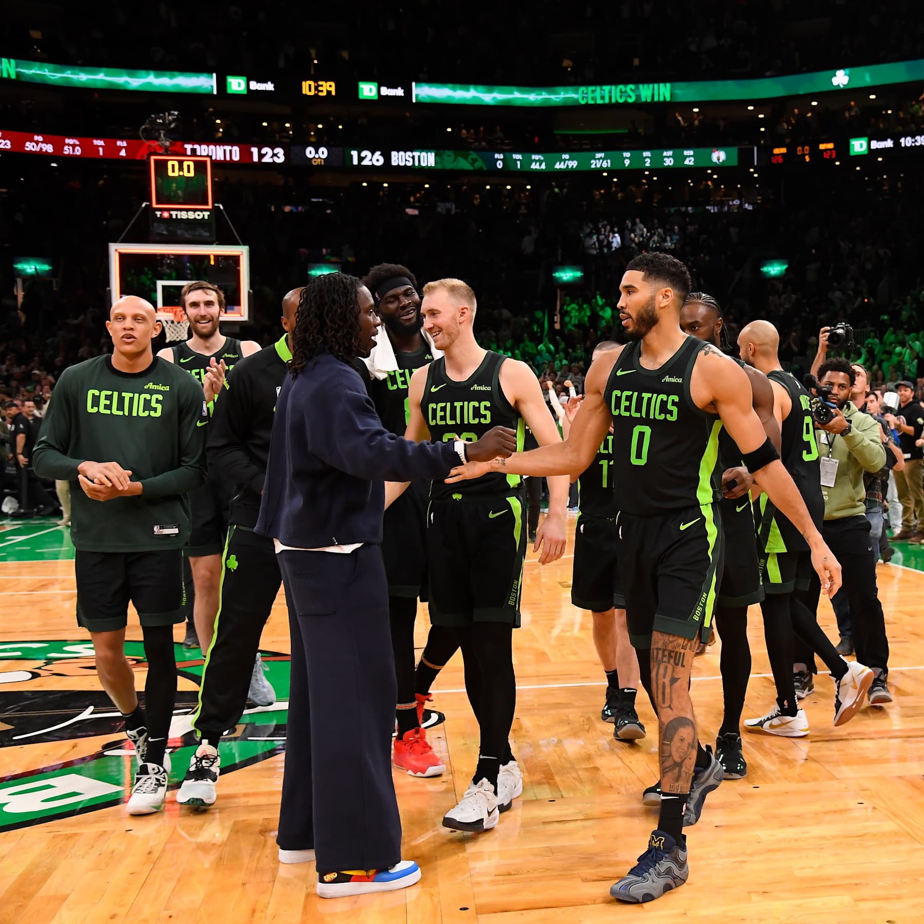 BOSTON, MA - NOVEMBER 16: Jayson Tatum #0 of the Boston Celtics celebrates after scoring he game winning three point basket during the game against the Toronto Raptors on November 16, 2024 at TD Garden in Boston, Massachusetts. NOTE TO USER: User expressly acknowledges and agrees that, by downloading and/or using this Photograph, user is consenting to the terms and conditions of the Getty Images License Agreement. Mandatory Copyright Notice: Copyright 2024 NBAE (Photo by Brian Babineau/NBAE via Getty Images)