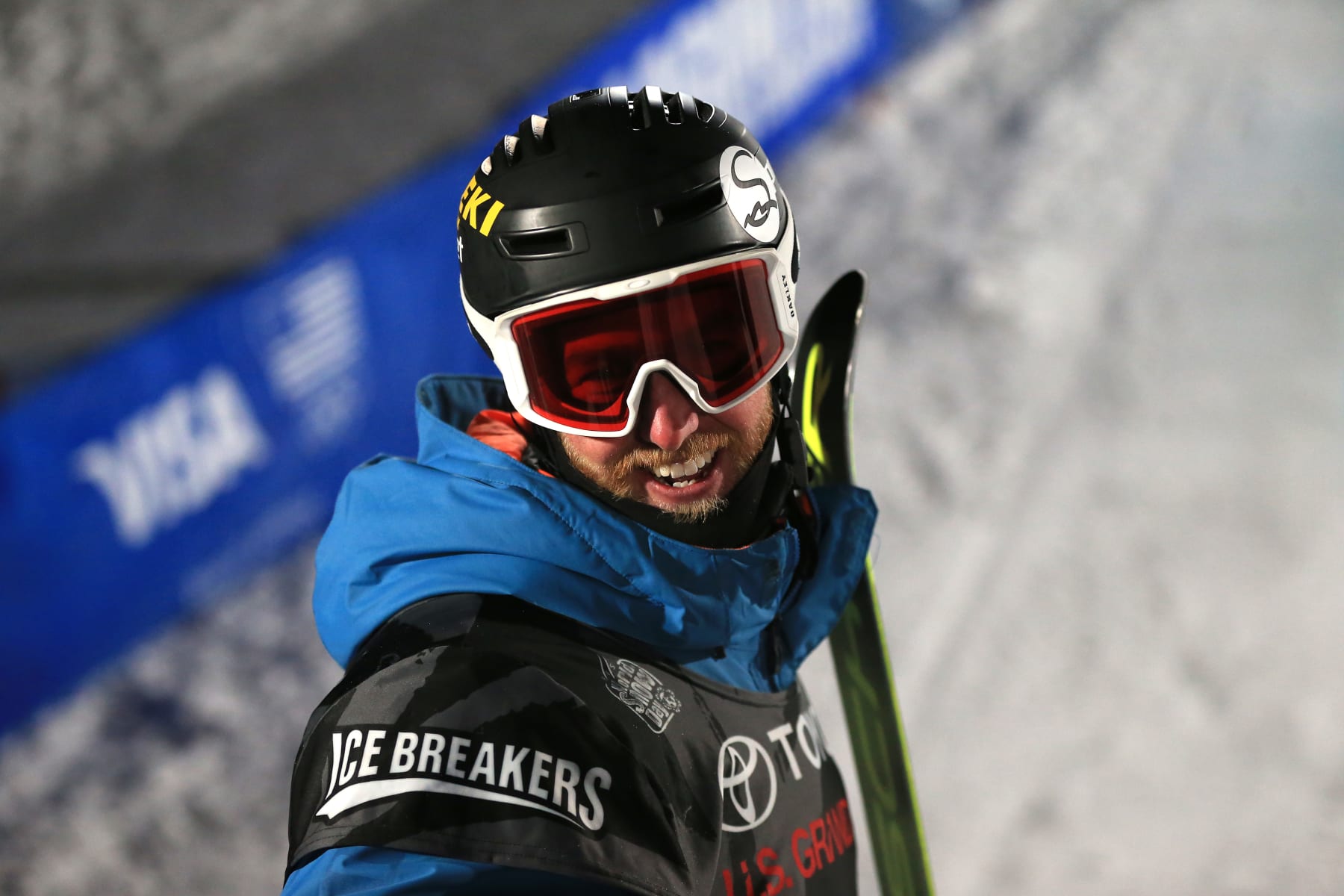 MAMMOTH, CA - JANUARY 19:  Kyle Smaine looks on after finishing in first place in the final round of the FIS Freeski World Cup 2018  Men's Ski Halfpipe during the Toyota U.S. Grand Prix on January 19, 2018 in Mammoth, California.  (Photo by Sean M. Haffey/Getty Images)