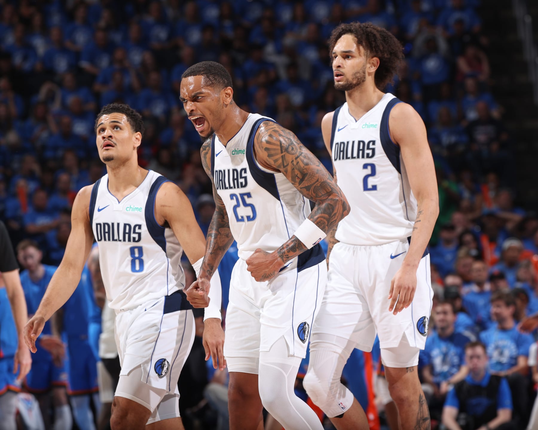OKLAHOMA CITY, OK - MAY 9:  P.J. Washington #25 of the Dallas Mavericks celebrates during the game against the Oklahoma City Thunder during Round 2 Game 2 of the 2024 NBA Playoffs  on May 9, 2024 at Paycom Arena in Oklahoma City, Oklahoma. NOTE TO USER: User expressly acknowledges and agrees that, by downloading and or using this photograph, User is consenting to the terms and conditions of the Getty Images License Agreement. Mandatory Copyright Notice: Copyright 2024 NBAE (Photo by Joe Murphy/NBAE via Getty Images)