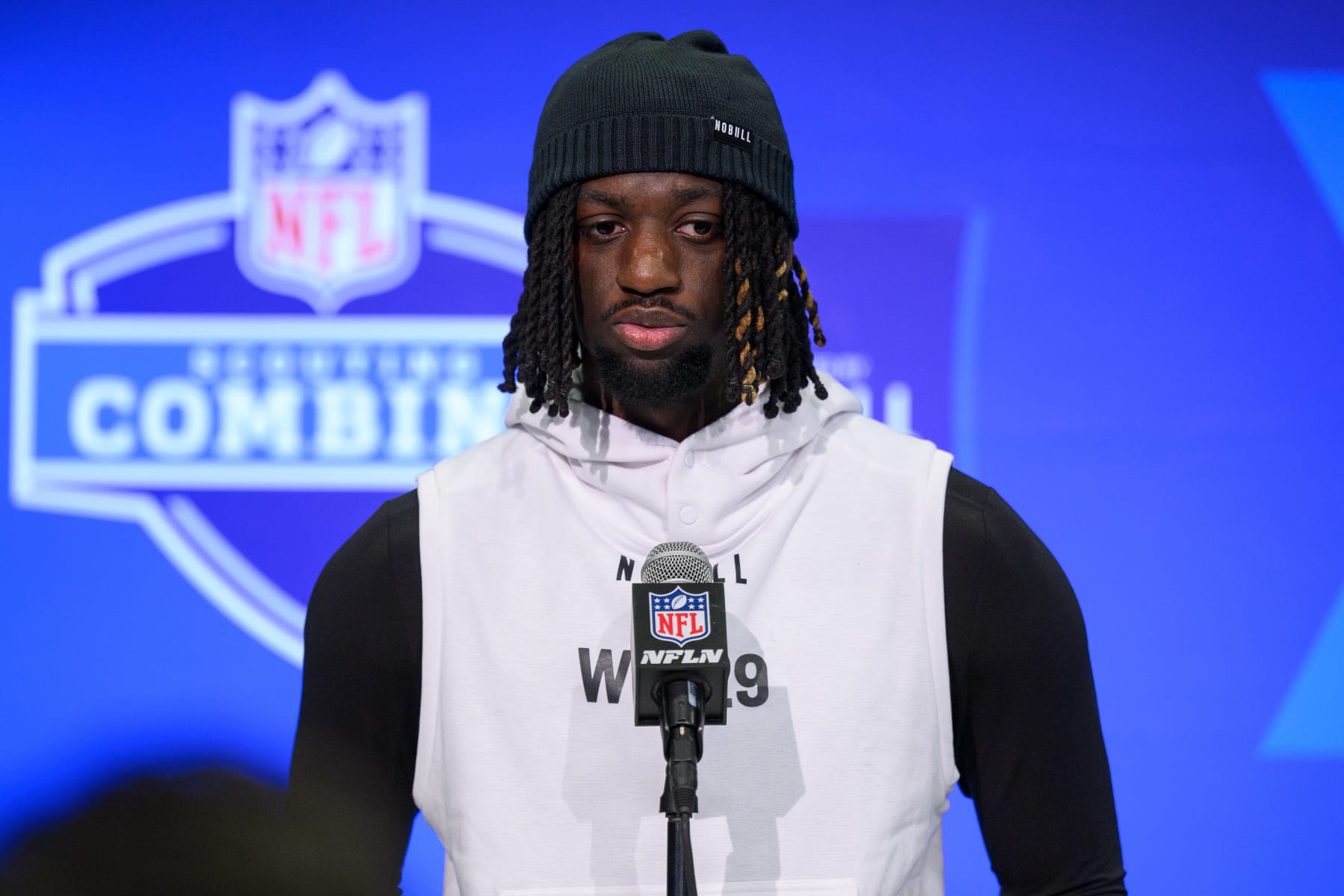 INDIANAPOLIS, IN - MARCH 01: LSU wide receiver Brian Thomas Jr. answers questions from the media during the NFL Scouting Combine on March 1, 2024, at the Indiana Convention Center in Indianapolis, IN. (Photo by Zach Bolinger/Icon Sportswire via Getty Images)