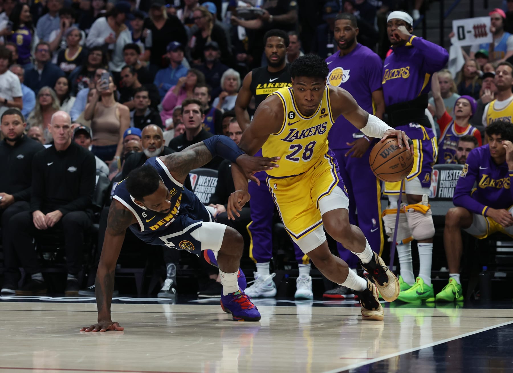 DENVER, COLORADO - MAY 18: Rui Hachimura #28 of the Los Angeles Lakers drives to the basket during the first quarter against the Denver Nuggets in game two of the Western Conference Finals at Ball Arena on May 18, 2023 in Denver, Colorado. NOTE TO USER: User expressly acknowledges and agrees that, by downloading and or using this photograph, User is consenting to the terms and conditions of the Getty Images License Agreement. (Photo by Matthew Stockman/Getty Images)