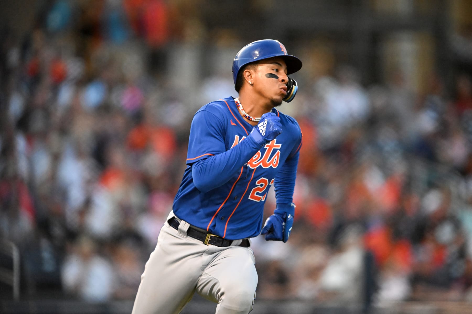 WEST PALM BEACH, FLORIDA - MARCH 18, 2023: Mark Vientos #27 of the New York Mets runs out a double during the second inning of a spring training game against the Houston Astros at The Ballpark of the Palm Beaches on March 18, 2023 in West Palm Beach, Florida. (Photo by Nick Cammett/Diamond Images via Getty Images)