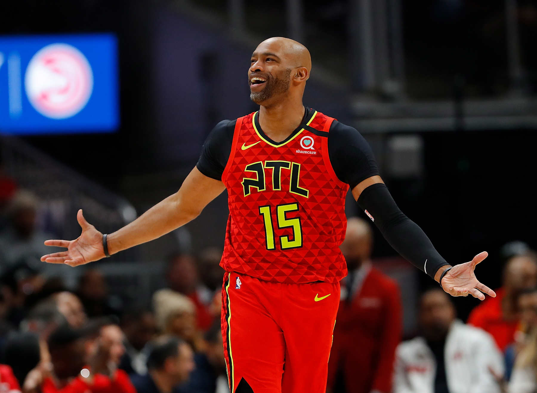 ATLANTA, GEORGIA - JANUARY 08:  Vince Carter #15 of the Atlanta Hawks reacts after being charged with a foul in the second half against the Houston Rockets at State Farm Arena on January 08, 2020 in Atlanta, Georgia.  NOTE TO USER: User expressly acknowledges and agrees that, by downloading and/or using this photograph, user is consenting to the terms and conditions of the Getty Images License Agreement.  (Photo by Kevin C. Cox/Getty Images)