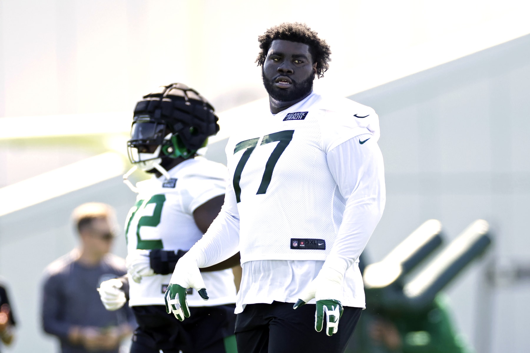 New York Jets tackle Mekhi Becton takes part in drills at the NFL football team's practice facility in Florham Park, N.J., Wednesday, July 27, 2022. (AP Photo/Adam Hunger)