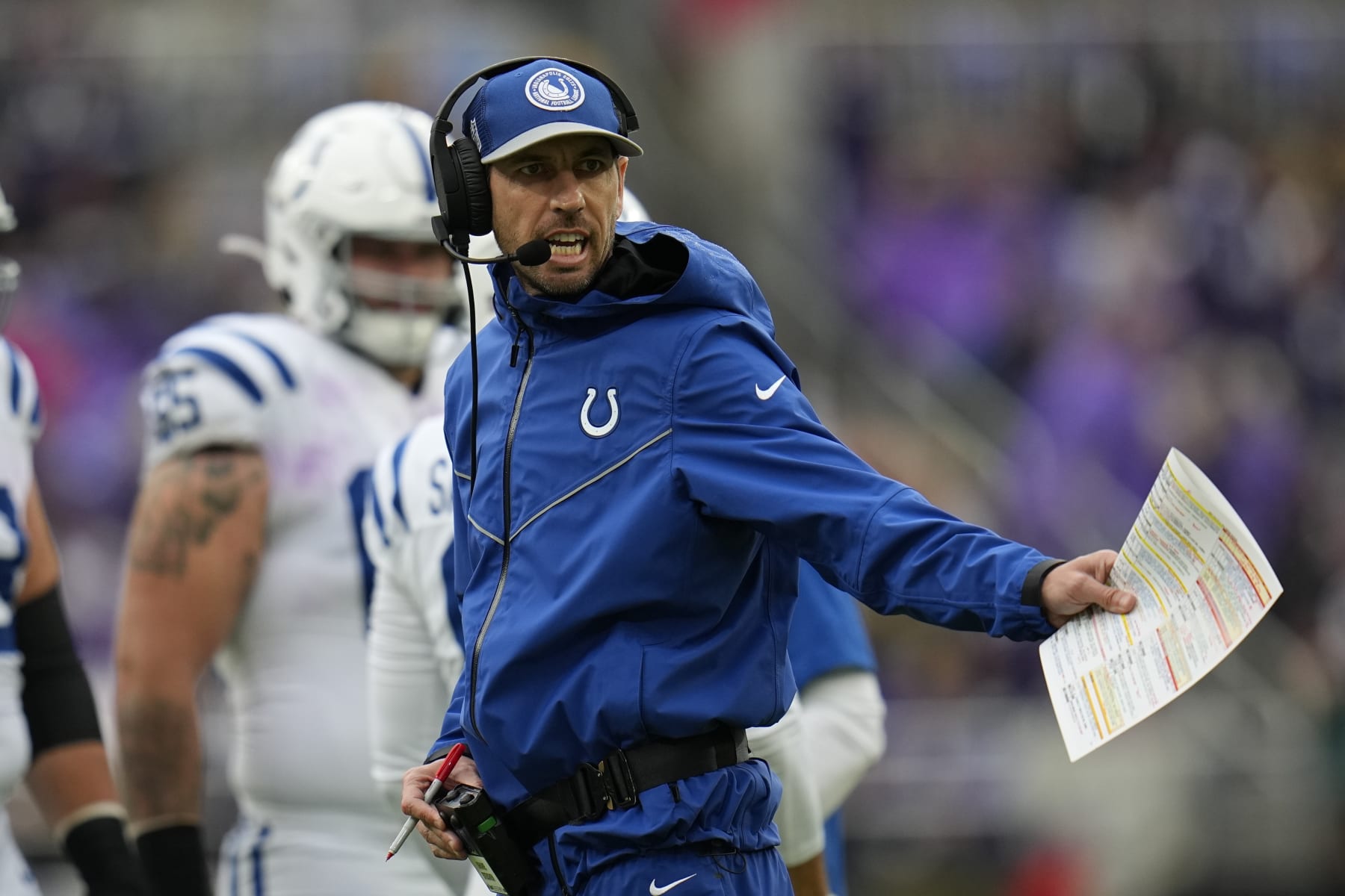 Indianapolis Colts head coach Shane Steichen gives instructions during the first half of an NFL football game against the Baltimore Ravens, Sunday, Sept. 24, 2023, in Baltimore. (AP Photo/Julio Cortez)