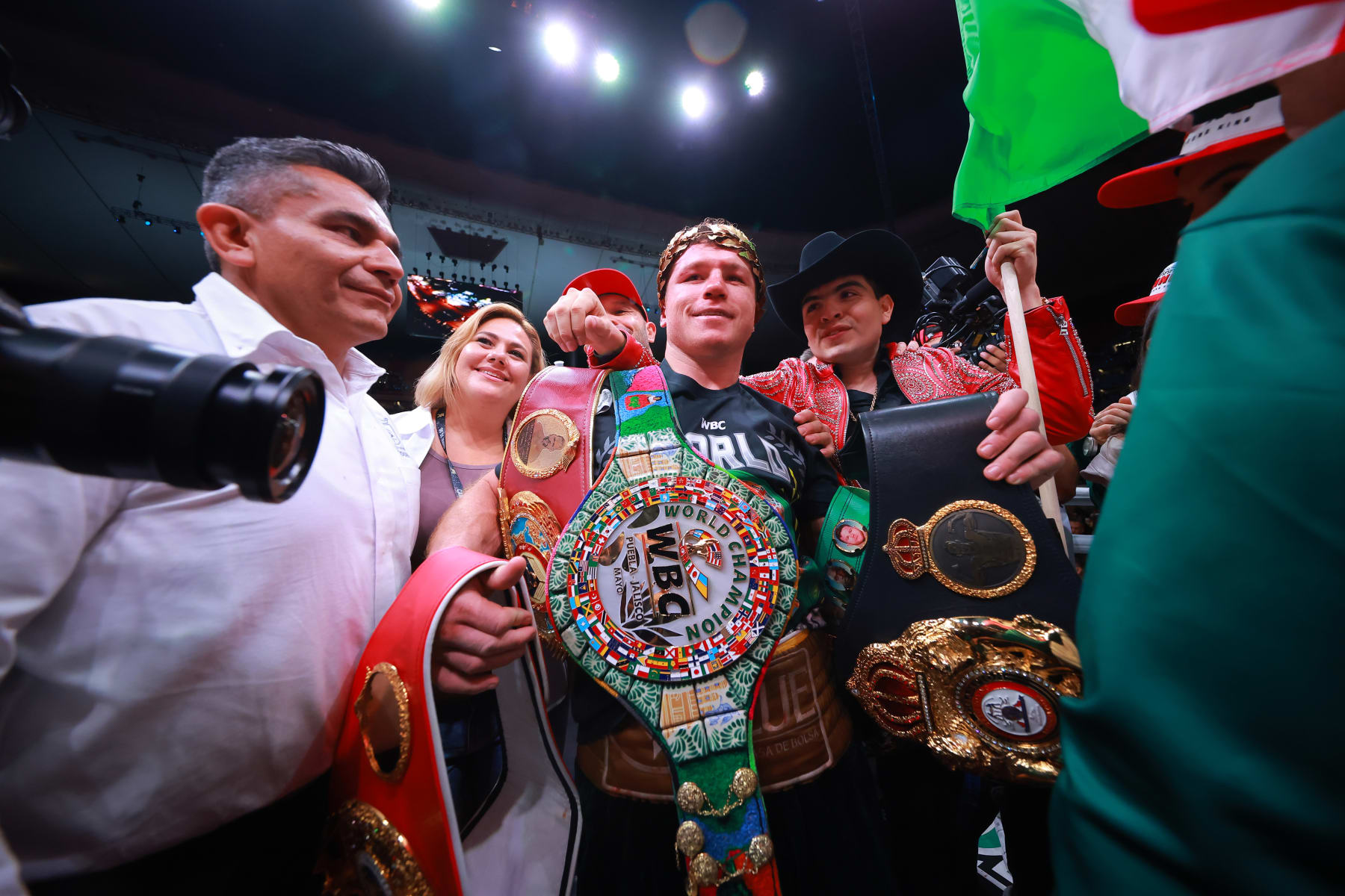 ZAPOPAN, MEXICO - MAY 06: Canelo Alvarez celebrates after the fight for the Super Middleweight Championship against John Ryder at Akron Stadium on May 06, 2023 in Zapopan, Mexico. Alvarez defeated Ryder by unanimous decision. (Photo by Hector Vivas/Getty Images)