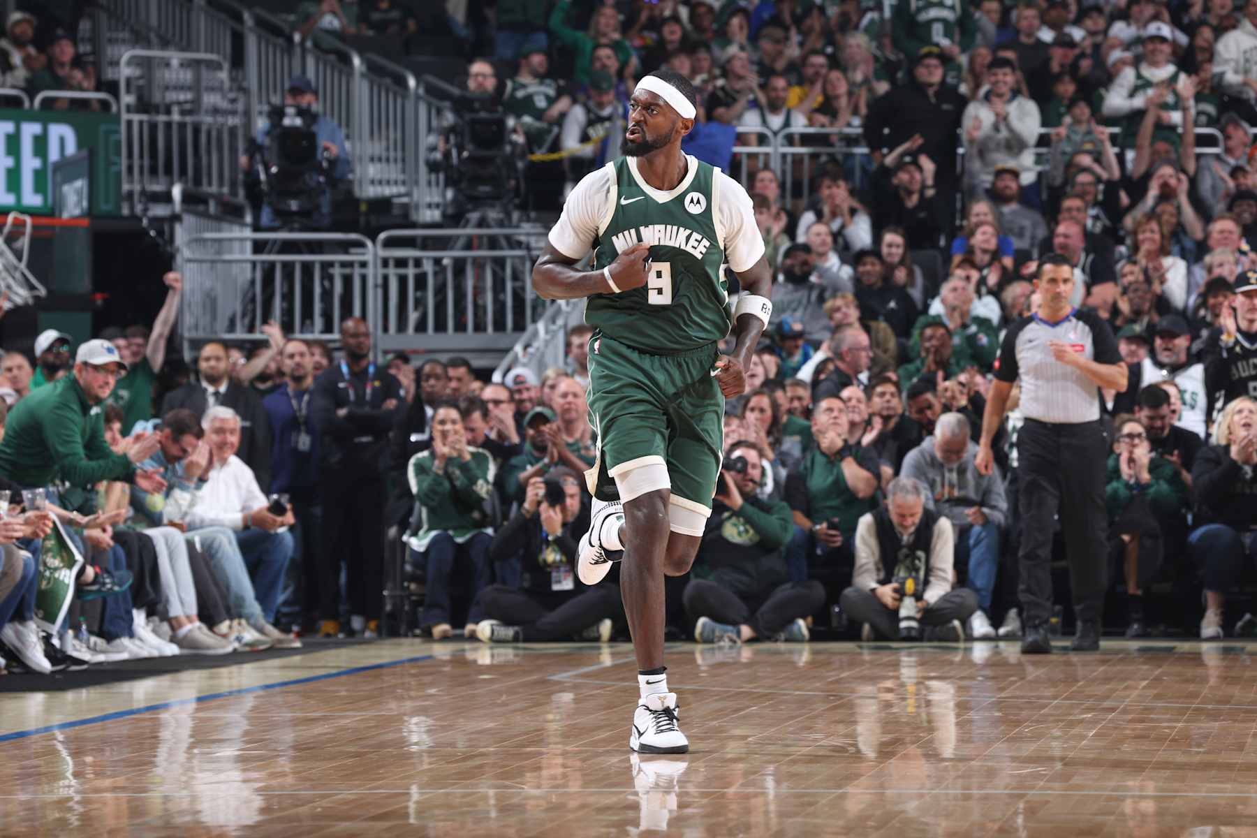 MILWAUKEE, WI - APRIL 21:  Bobby Portis #9 of the Milwaukee Bucks celebrates during the game against the Indiana Pacers during Round 1 Game 1 of the 2024 NBA Playoffs  on April 21, 2024 at the Fiserv Forum Center in Milwaukee, Wisconsin. NOTE TO USER: User expressly acknowledges and agrees that, by downloading and or using this Photograph, user is consenting to the terms and conditions of the Getty Images License Agreement. Mandatory Copyright Notice: Copyright 2024 NBAE (Photo by Jeff Haynes/NBAE via Getty Images).