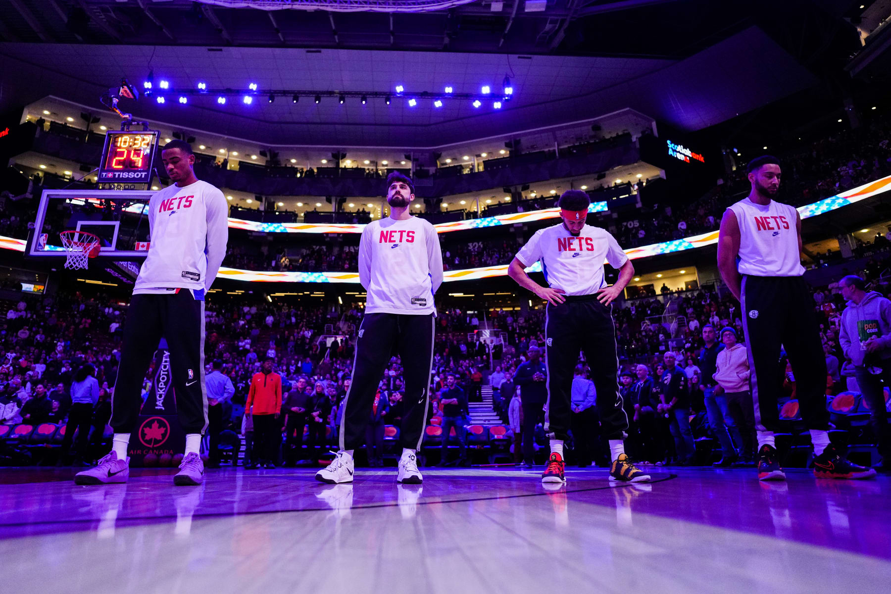 TORONTO, CANADA - DECEMBER 16: Brooklyn Nets stands for the National Anthem before the game against the Toronto Raptors on December 16, 2022 at the Scotiabank Arena in Toronto, Ontario, Canada.  NOTE TO USER: User expressly acknowledges and agrees that, by downloading and or using this Photograph, user is consenting to the terms and conditions of the Getty Images License Agreement.  Mandatory Copyright Notice: Copyright 2022 NBAE (Photo by Andrew Lahodynskyj/NBAE via Getty Images)