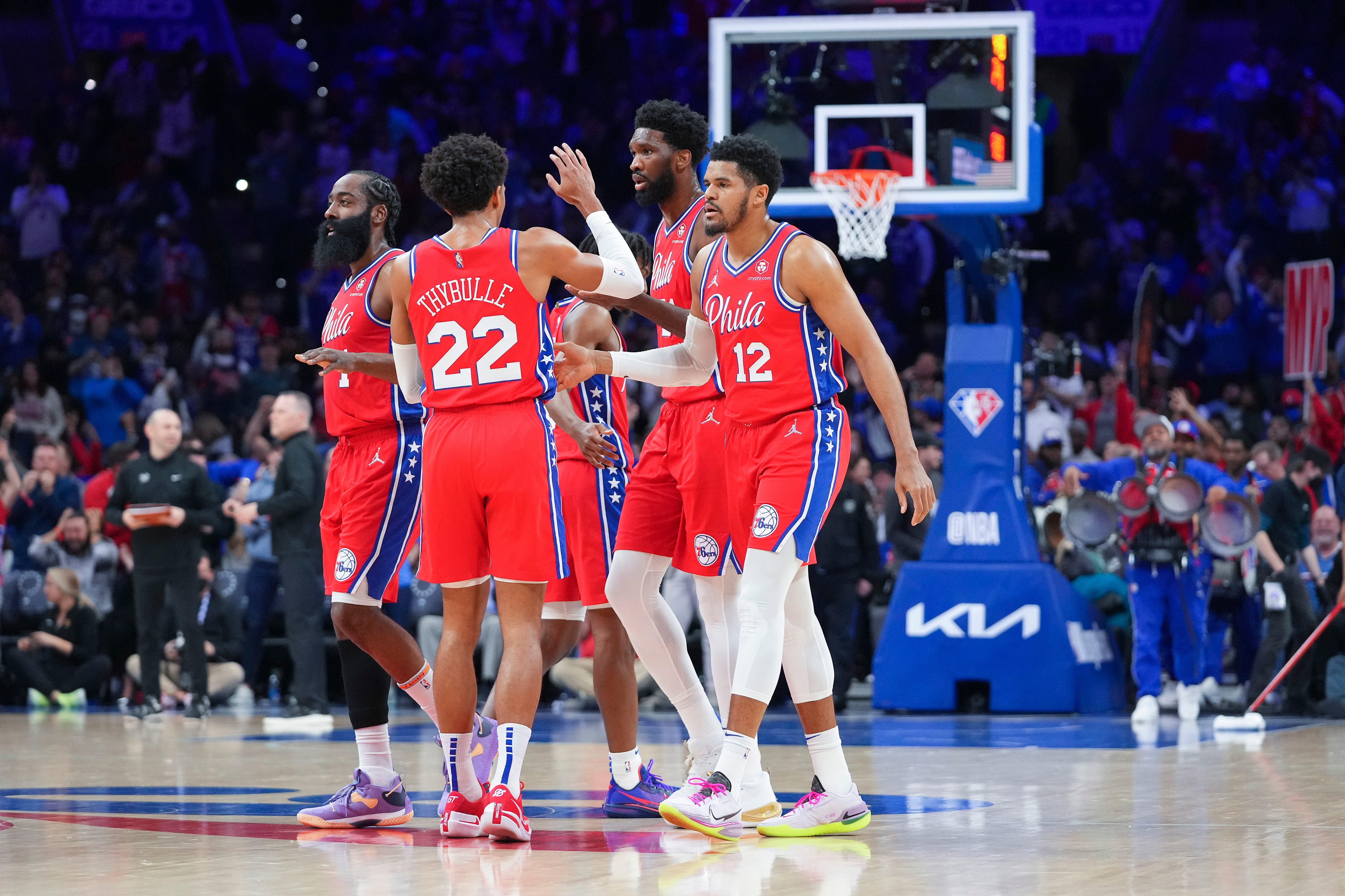 PHILADELPHIA, PA - MARCH 14: Tyrese Maxey #0, James Harden #1, Matisse Thybulle #22, Tobias Harris #12, and Joel Embiid #21 of the Philadelphia 76ers react against the Denver Nuggets at the Wells Fargo Center on March 14, 2022 in Philadelphia, Pennsylvania. The Nuggets defeated the 76ers 114-110. NOTE TO USER: User expressly acknowledges and agrees that, by downloading and or using this photograph, User is consenting to the terms and conditions of the Getty Images License Agreement. (Photo by Mitchell Leff/Getty Images)