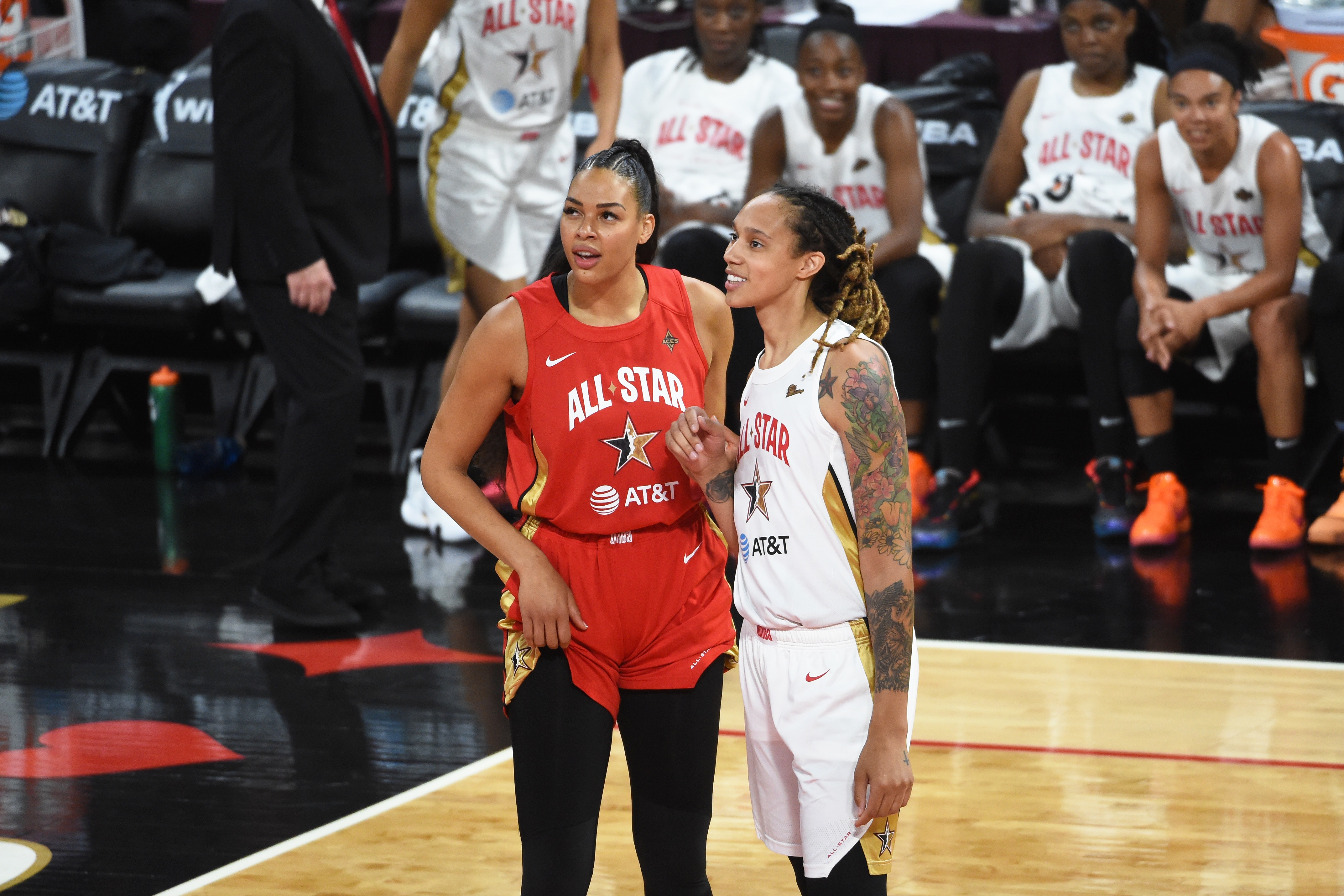 LAS VEGAS, NV - JULY 27: Liz Cambage #8 of Team Wilson  and Brittney Griner #42 of Team Delle Donne look on during the AT&T WNBA All-Star Game 2019 on July 27, 2019 at the Mandalay Bay Events Center in Las Vegas, Nevada. NOTE TO USER: User expressly acknowledges and agrees that, by downloading and or using this photograph, user is consenting to the terms and conditions of the Getty Images License Agreement. Mandatory Copyright Notice: Copyright 2019 NBAE (Photo by Cooper Neill/NBAE via Getty Images)