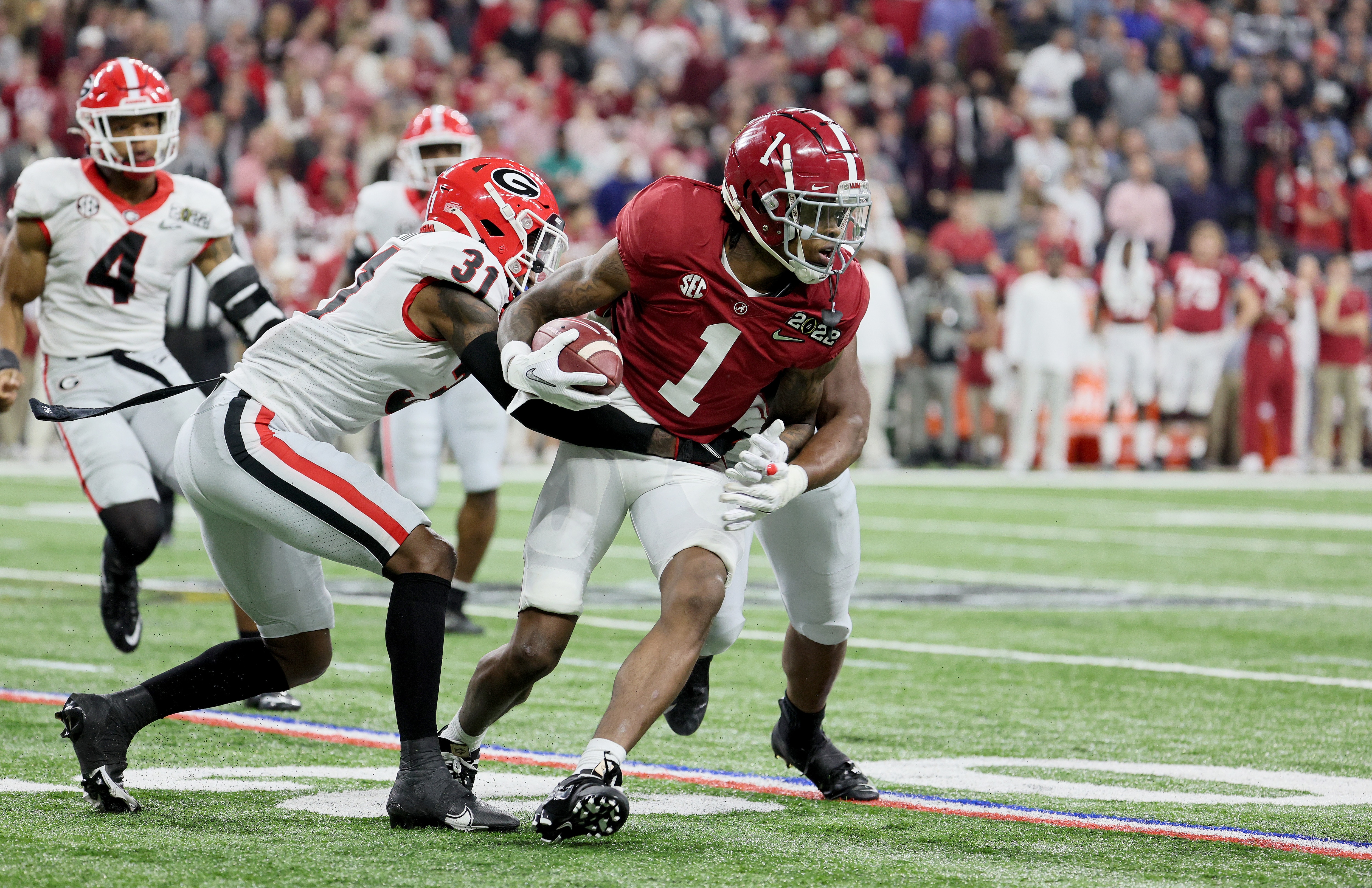 INDIANAPOLIS, INDIANA - JANUARY 10:  Jameson Williams #1 of the Alabama Crimson Tide against the Georgia Bulldogs at Lucas Oil Stadium on January 10, 2022 in Indianapolis, Indiana. (Photo by Andy Lyons/Getty Images)