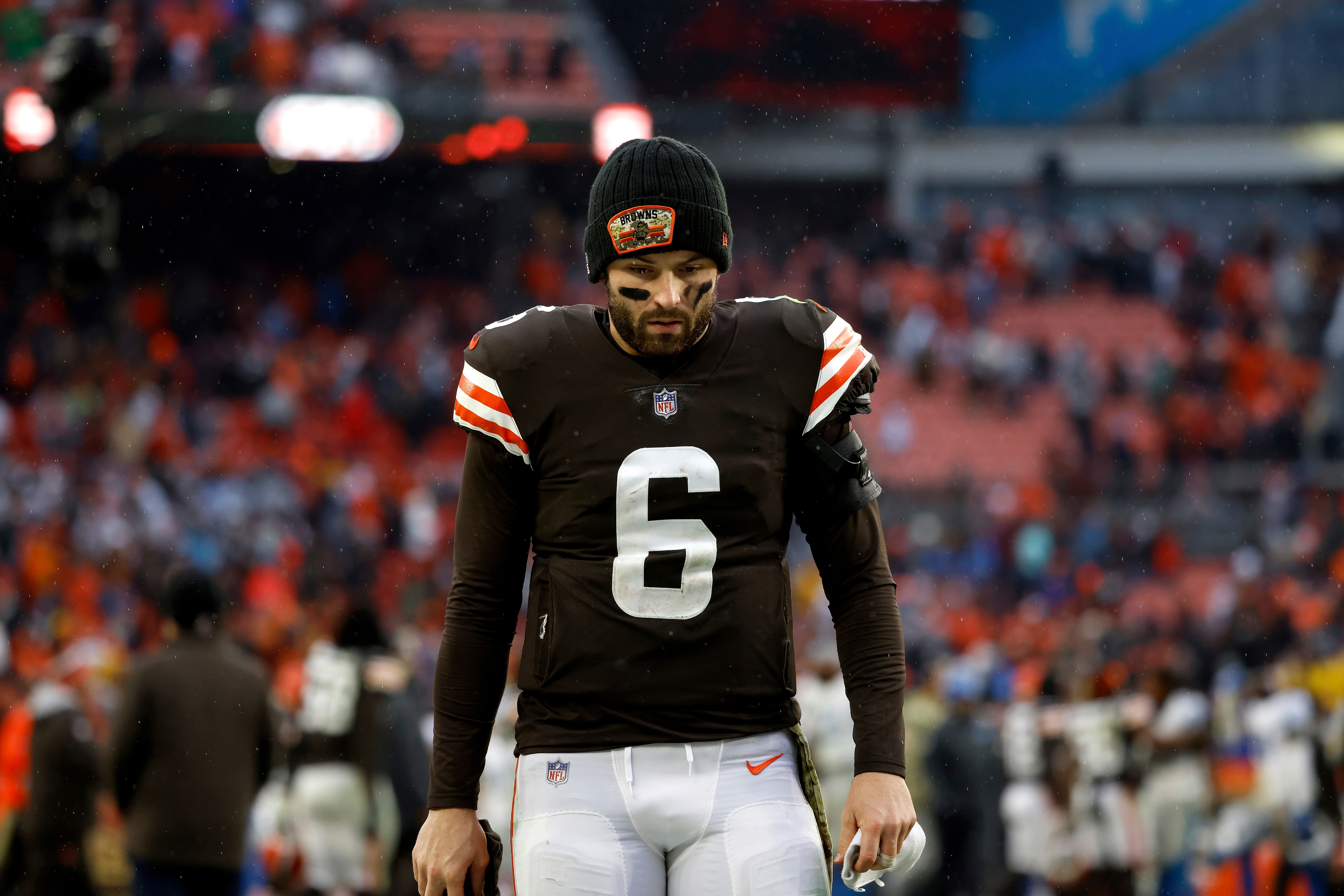 Cleveland Browns quarterback Baker Mayfield (6) walks off of the field after an NFL football game against the Detroit Lions, Sunday, Nov. 21, 2021, in Cleveland. (AP Photo/Kirk Irwin)