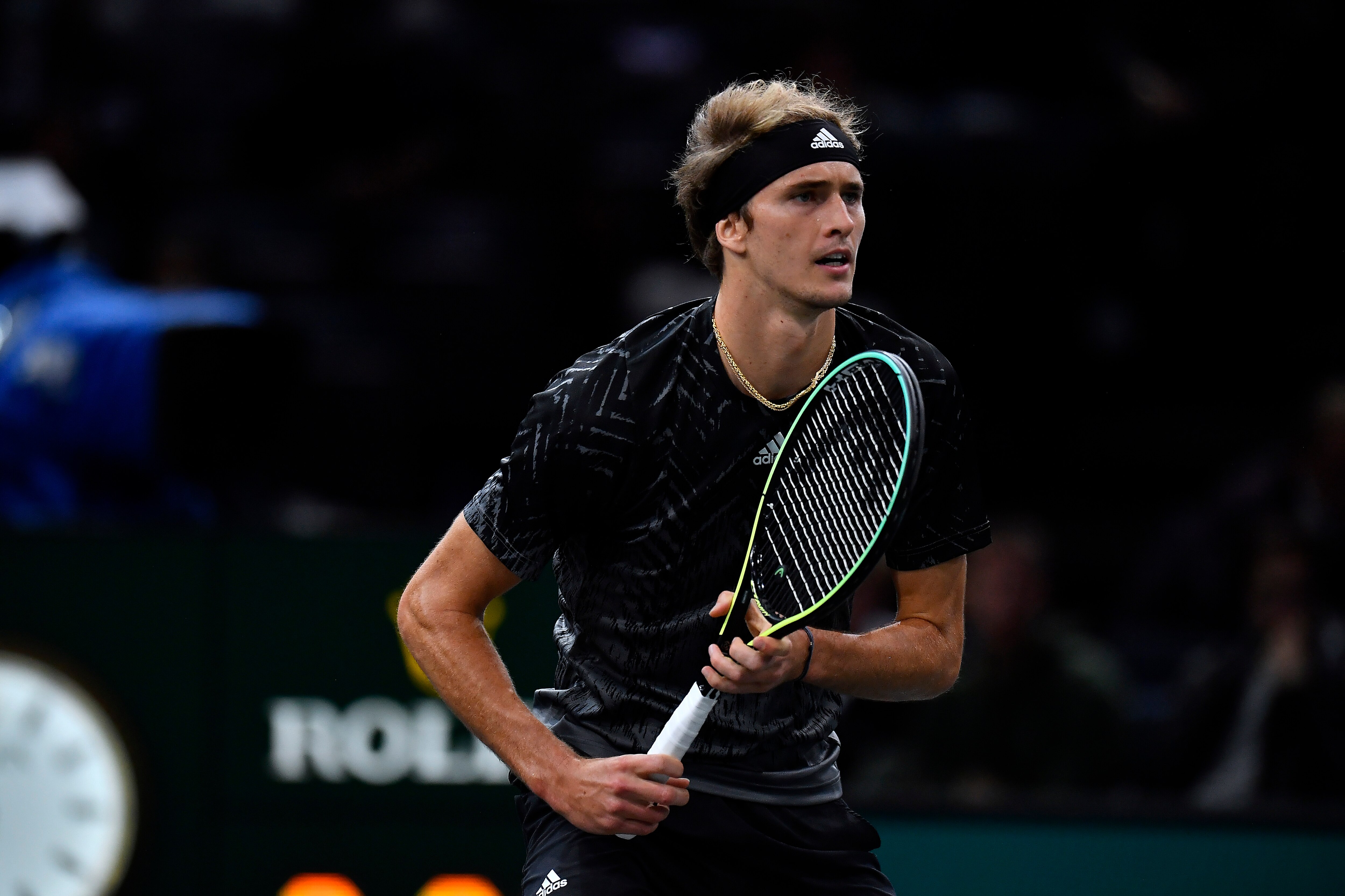 PARIS, FRANCE - NOVEMBER 04: Alexander Zverev of Germany  in action during his single match against Grigor Dimitrov of Bulgaria during day four of the Rolex Paris Masters at AccorHotels on November 04, 2021 in Paris, France. (Photo by Aurelien Meunier/Getty Images)