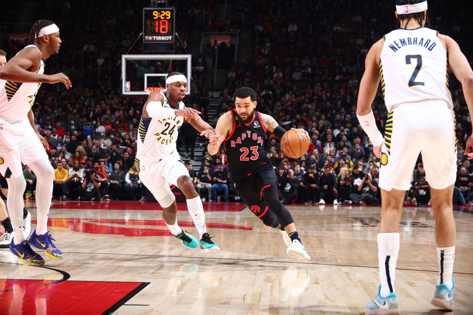 TORONTO, CANADA - MARCH 22: Fred VanVleet #23 of the Toronto Raptors drives to the basket during the game against the Indiana Pacers on March 22, 2023 at the Scotiabank Arena in Toronto, Ontario, Canada.  NOTE TO USER: User expressly acknowledges and agrees that, by downloading and or using this Photograph, user is consenting to the terms and conditions of the Getty Images License Agreement.  Mandatory Copyright Notice: Copyright 2023 NBAE (Photo by Vaughn Ridley/NBAE via Getty Images)