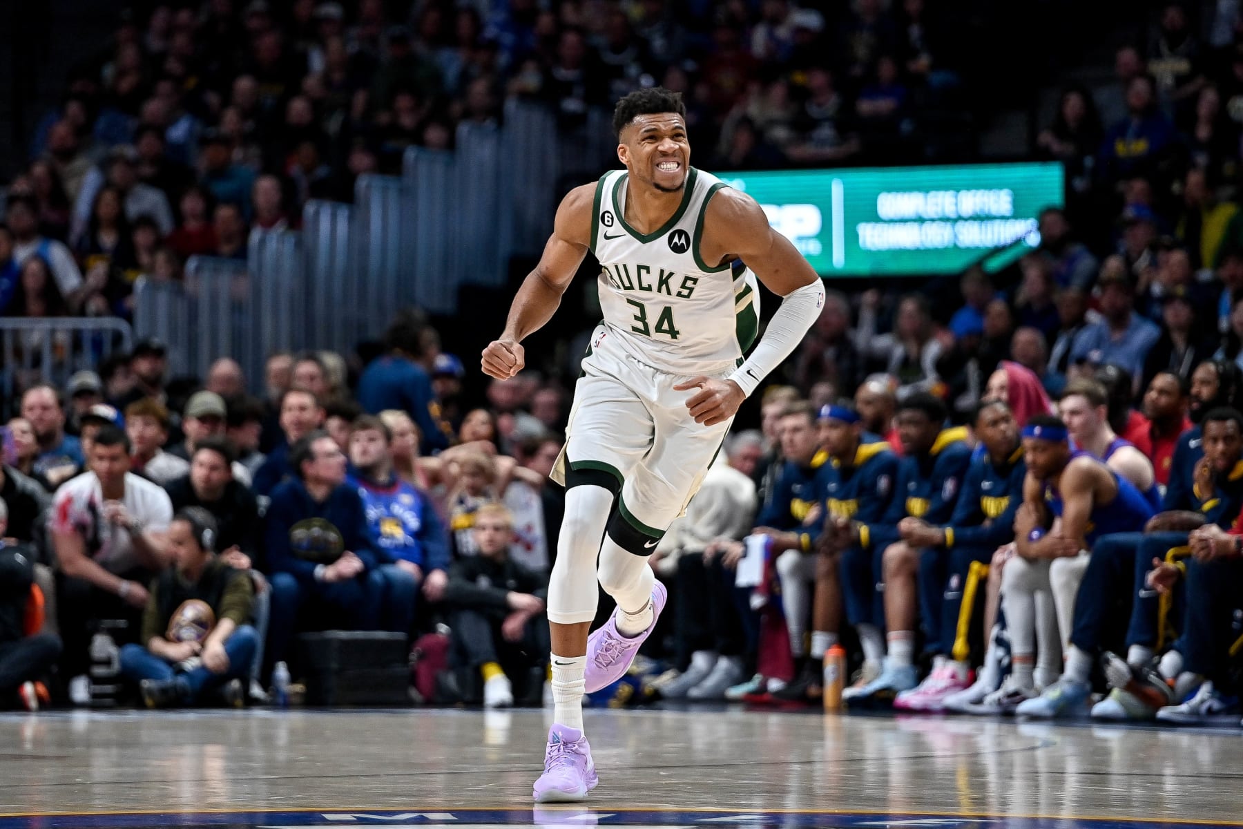 DENVER, CO - MARCH 25:  Giannis Antetokounmpo #34 of the Milwaukee Bucks reacts after a play against the Denver Nuggets at Ball Arena on March 25, 2023 in Denver, Colorado. NOTE TO USER: User expressly acknowledges and agrees that, by downloading and or using this photograph, User is consenting to the terms and conditions of the Getty Images License Agreement. (Photo by Dustin Bradford/Getty Images)