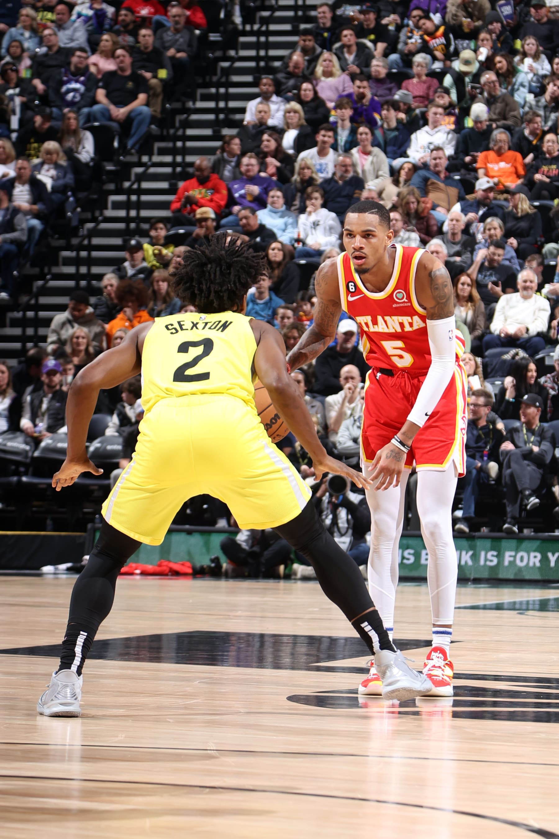 SALT LAKE CITY, UT - FEBRUARY 3: Dejounte Murray #5 of the Atlanta Hawks dribbles the ball during the game against the Utah Jazz on February 3, 2023 at vivint.SmartHome Arena in Salt Lake City, Utah. NOTE TO USER: User expressly acknowledges and agrees that, by downloading and or using this Photograph, User is consenting to the terms and conditions of the Getty Images License Agreement. Mandatory Copyright Notice: Copyright 2023 NBAE (Photo by Melissa Majchrzak/NBAE via Getty Images)