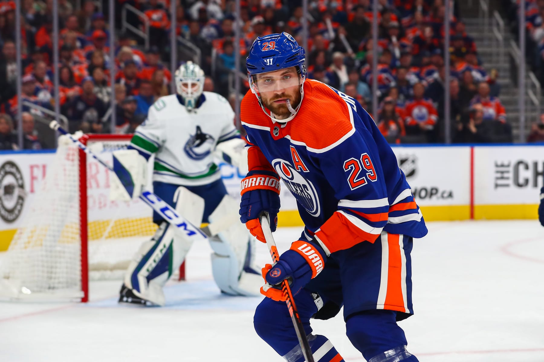 EDMONTON, AB - OCTOBER 12: Edmonton Oilers Center Leon Draisaitl (29) in action in the first period during the Edmonton Oilers game versus the Vancouver Canucks on October 12, 2022 at Rogers Place in Edmonton, AB. (Photo by Curtis Comeau/Icon Sportswire via Getty Images)