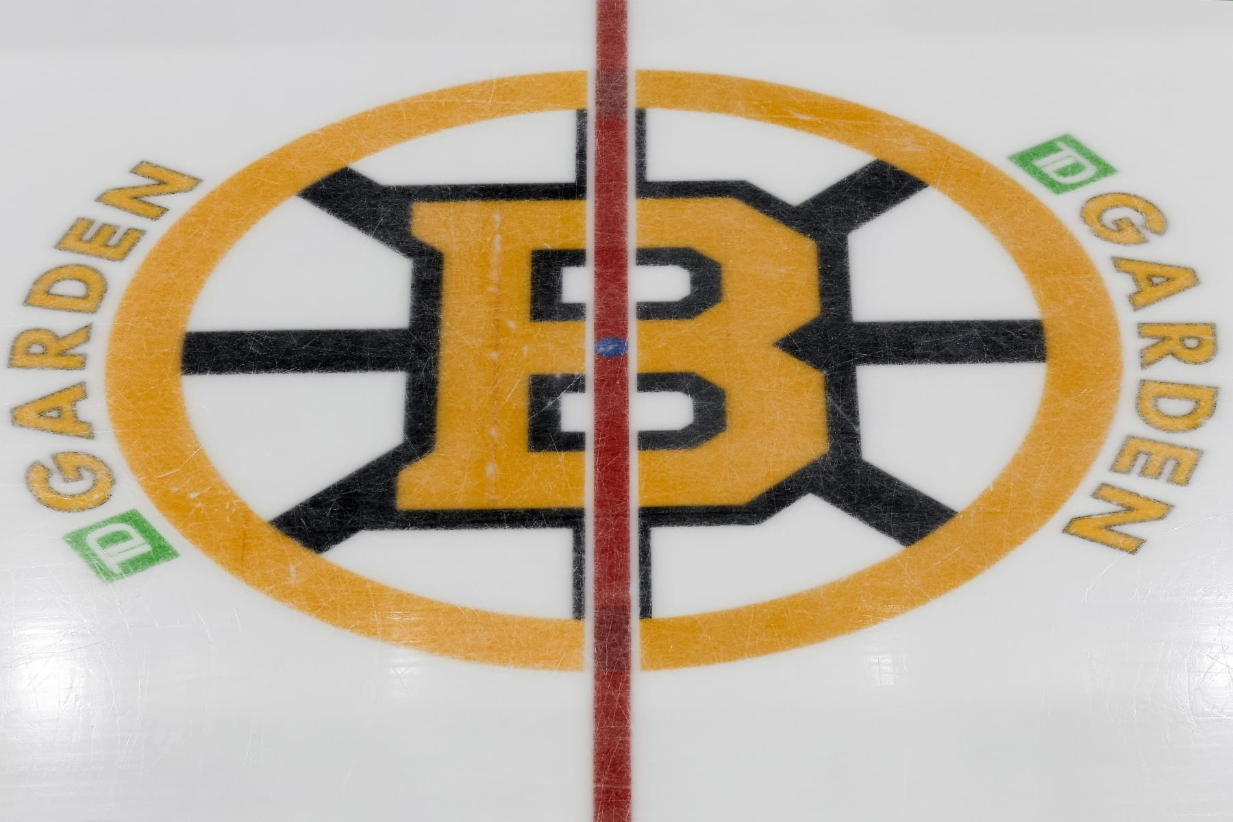 BOSTON, MASSACHUSETTS - FEBRUARY 10: The Boston Bruins logo is seen at center ice before the game between the Boston Bruins and the Washington Capitals at TD Garden on February 10, 2024 in Boston, Massachusetts. (Photo By Winslow Townson/Getty Images)
