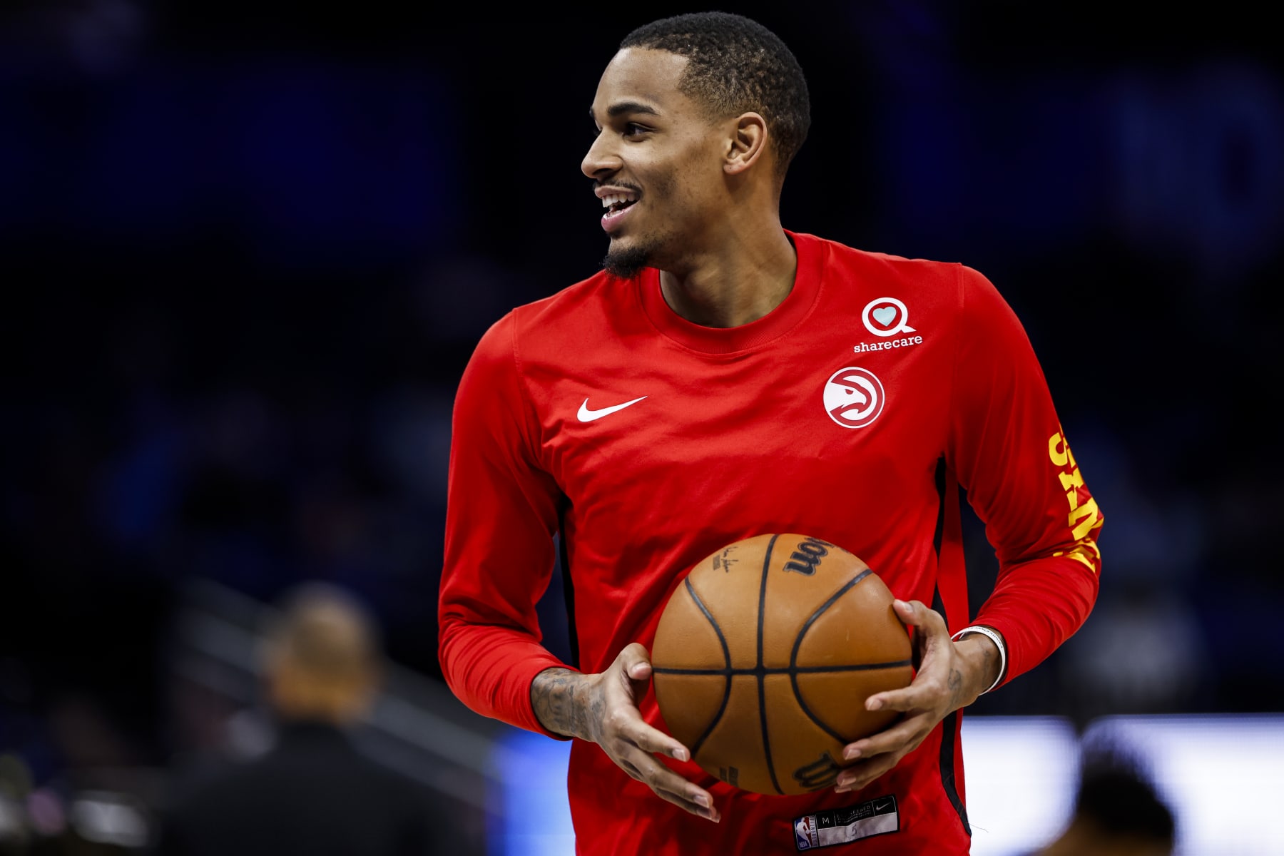 ORLANDO, FLORIDA - JANUARY 07: Dejounte Murray #5 of the Atlanta Hawks warms up before the start of a game against the Orlando Magic at the Kia Center on January 07, 2024 in Orlando, Florida. NOTE TO USER: User expressly acknowledges and agrees that, by downloading and or using this photograph, User is consenting to the terms and conditions of the Getty Images License Agreement. (Photo by James Gilbert/Getty Images)