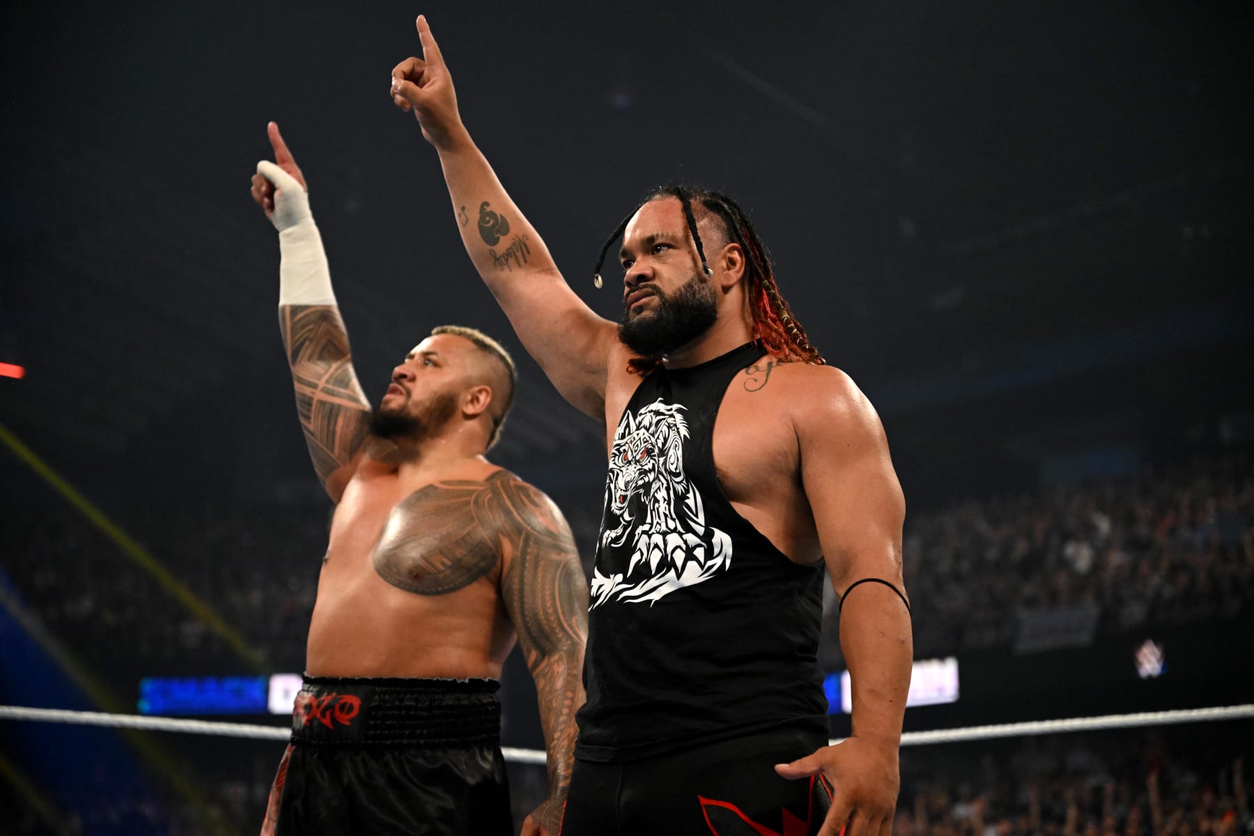 ROSEMONT, ILLINOIS - JUNE 21: (L-R) Solo Sikoa and Jacob Fatu hold up the number one sign for the Bloodline during WWE SmackDown at Allstate Arena on June 21, 2024 in Rosemont, Illinois.  (Photo by WWE/Getty Images)