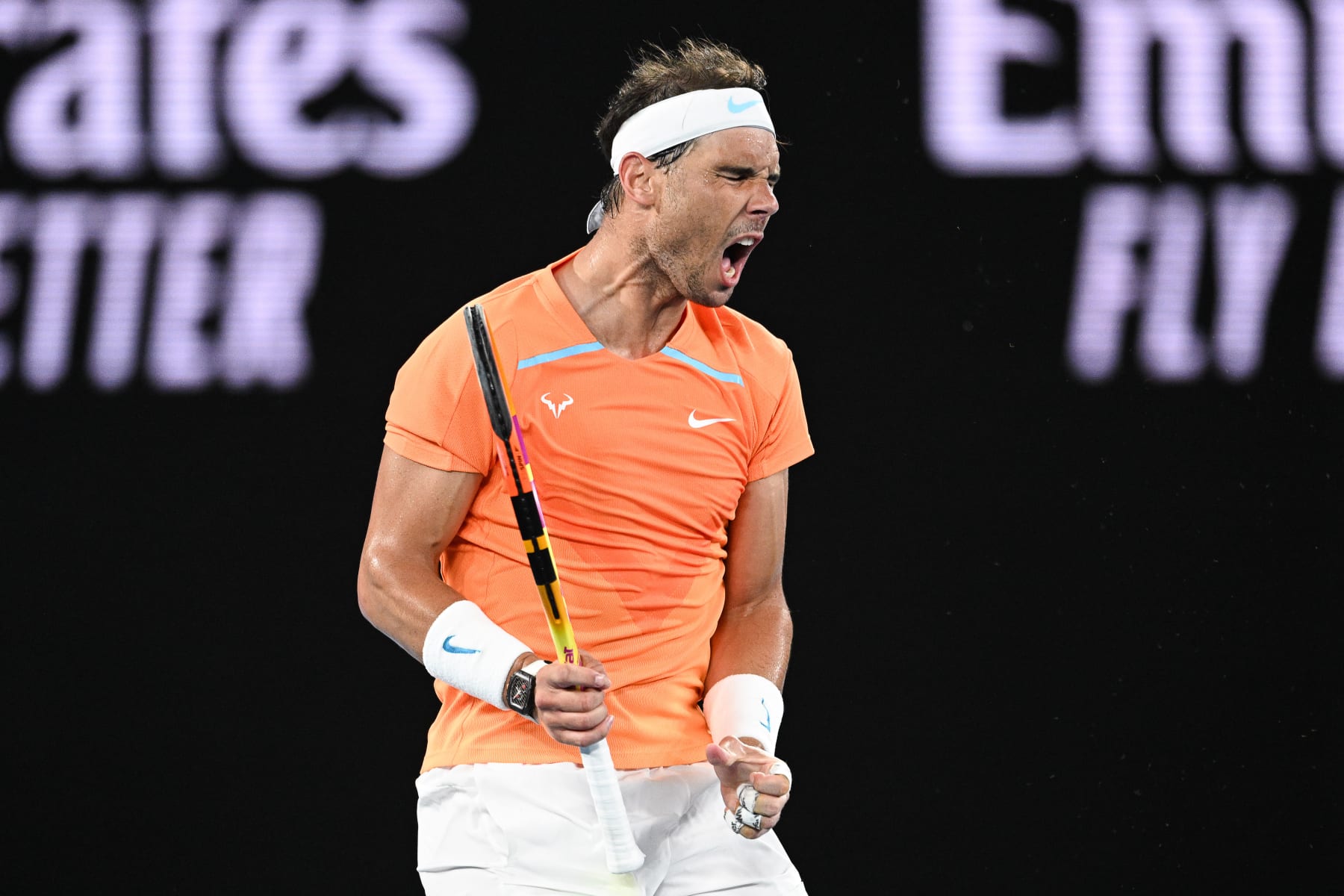 MELBOURNE, AUSTRALIA - JANUARY 18: Rafael Nadal celebrates during his second round match at the Australian Open grand slam tennis tournament at Melbourne Park in Melbourne, Australia on January 18, 2023 (Photo by Stringer/Anadolu Agency via Getty Images)