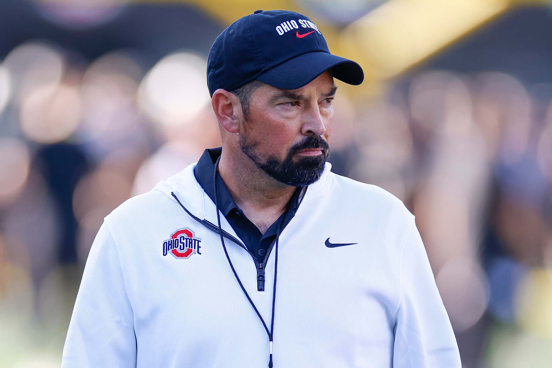 EUGENE, OREGON - OCTOBER 12: Head coach Ryan Day of the Ohio State Buckeyes on the field for warm ups prior to a game against the Oregon Ducks at Autzen Stadium on October 12, 2024 in Eugene, Oregon. (Photo by Brandon Sloter/Image Of Sport/Getty Images)